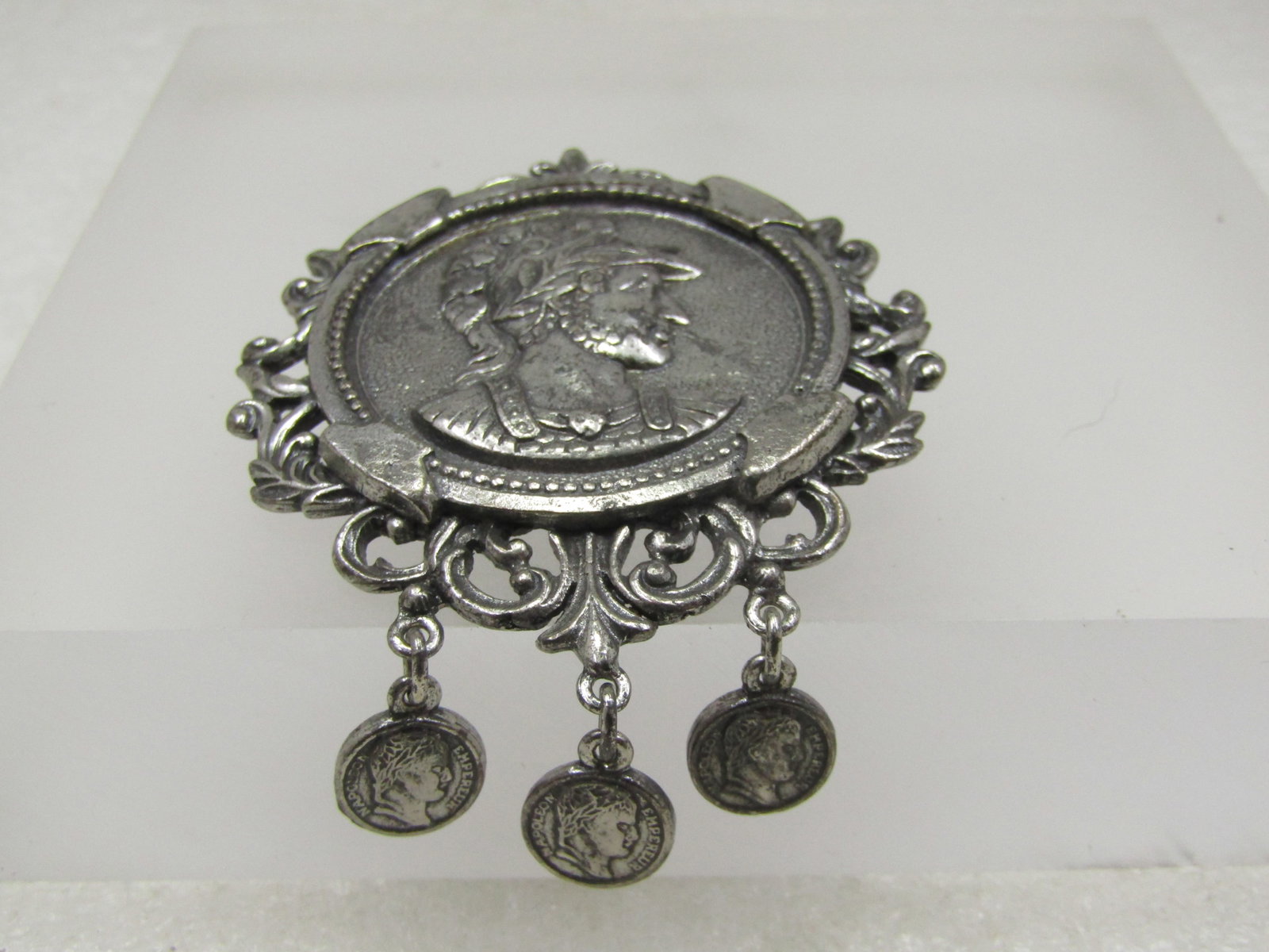 Vintage Roman Gladiator Coin Brooch/Pendant with Dangles, 1970's: Title: Vintage Roman Gladiator Coin Brooch/Pendant with Dangles, 1970's Description: Vintage Roman Gladiator Coin Brooch/Pendant with Dangles, 1970's, 2.5" long and 2" wide. Repousse gladiator figure 