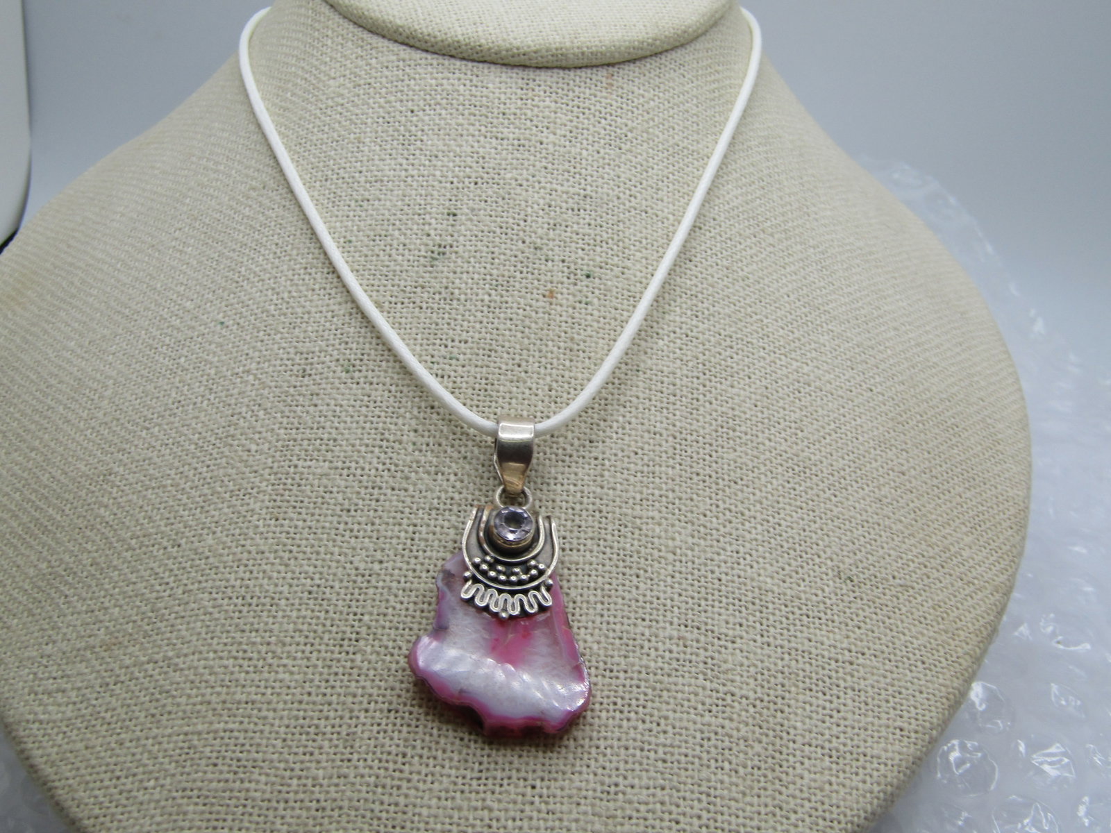 Sterling Pink Agate and Clear Rhinestone Necklace, Bali/Boho Themed, 20" - 2