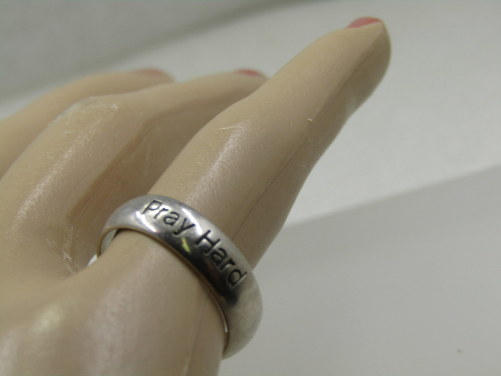 Vintage Sterling Pray Hard Ring, Wedding Band, Sz. 7 - 6