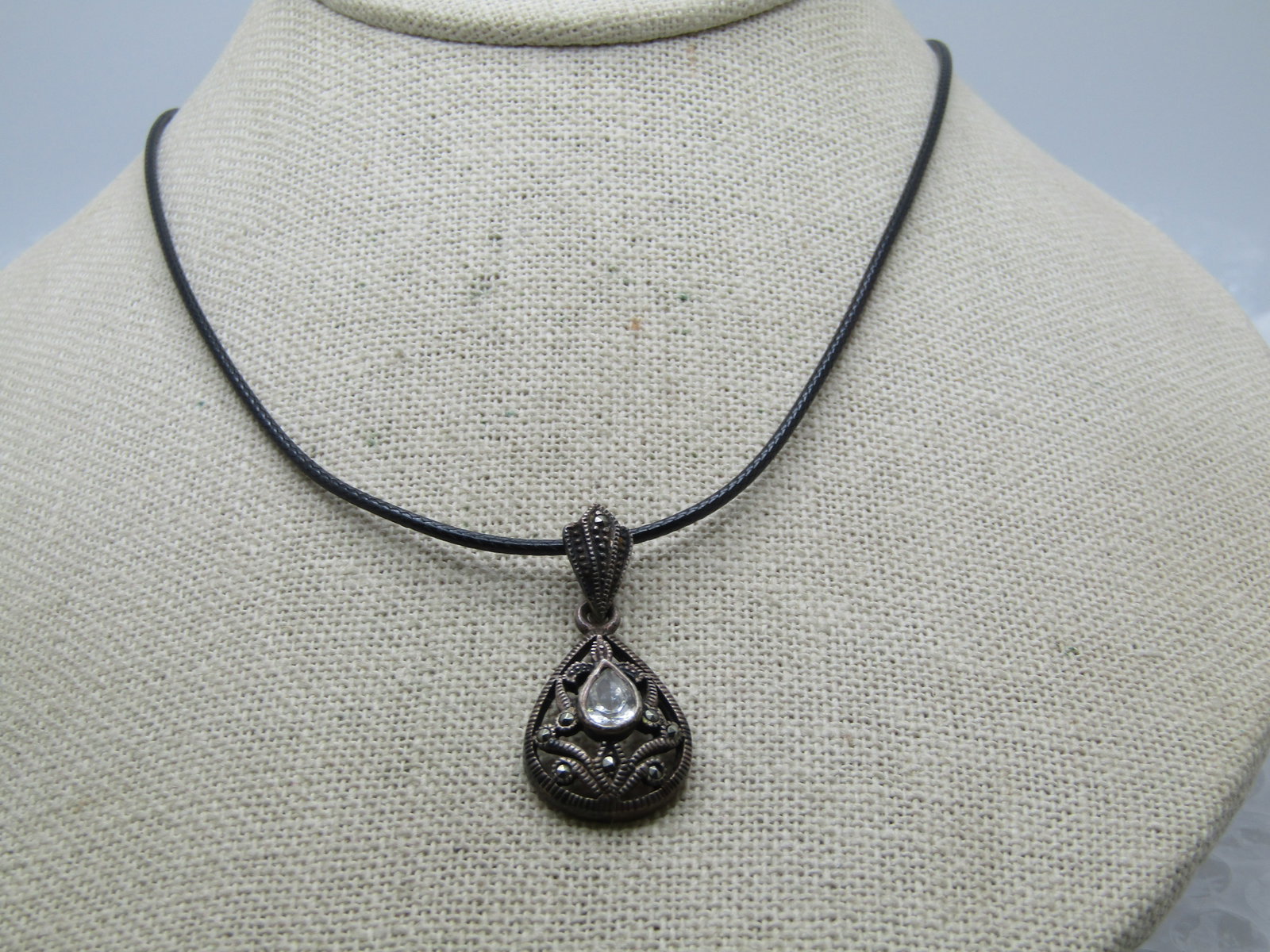 Vintage Sterling Marcasite CZ Necklace, 20" Black Cord - 2