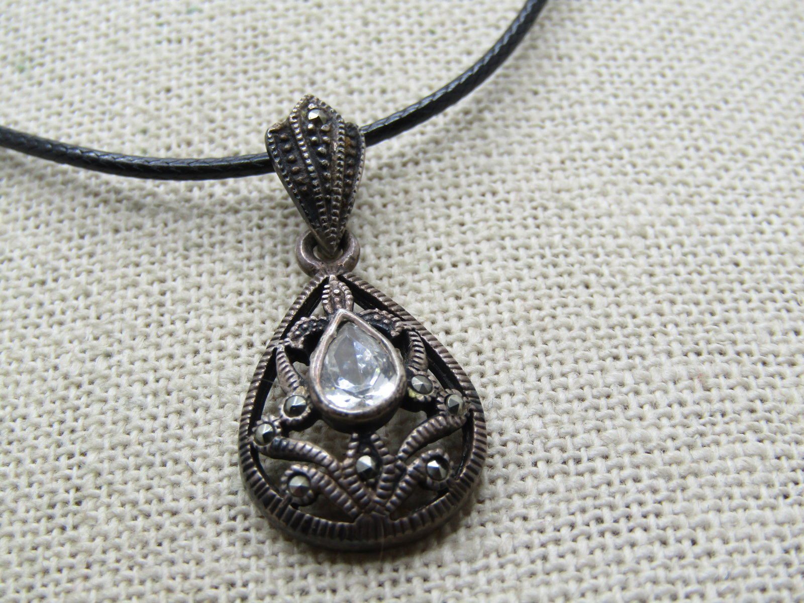 Vintage Sterling Marcasite CZ Necklace, 20" Black Cord - 3