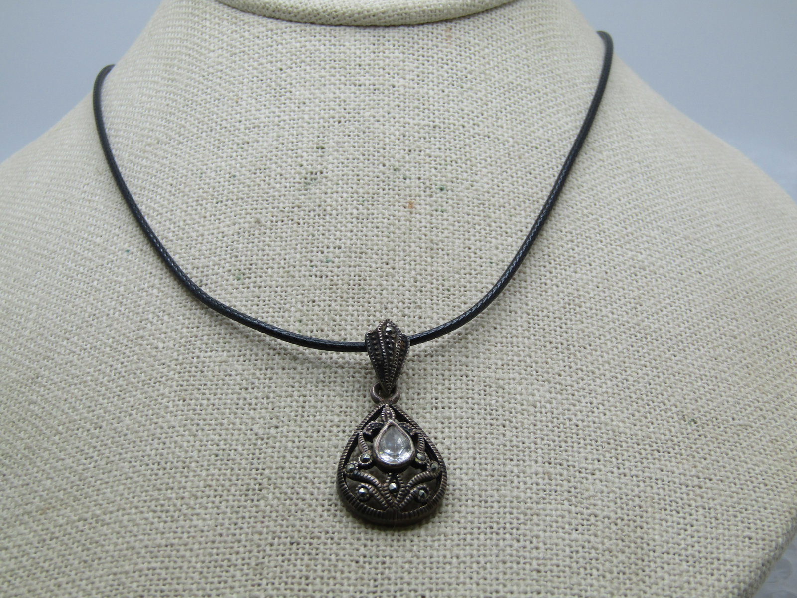 Vintage Sterling Marcasite CZ Necklace, 20" Black Cord - 4