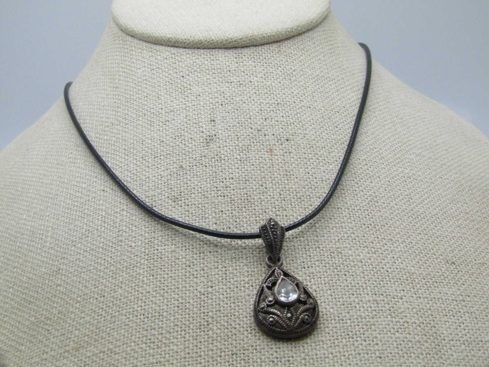 Vintage Sterling Marcasite CZ Necklace, 20" Black Cord - 5
