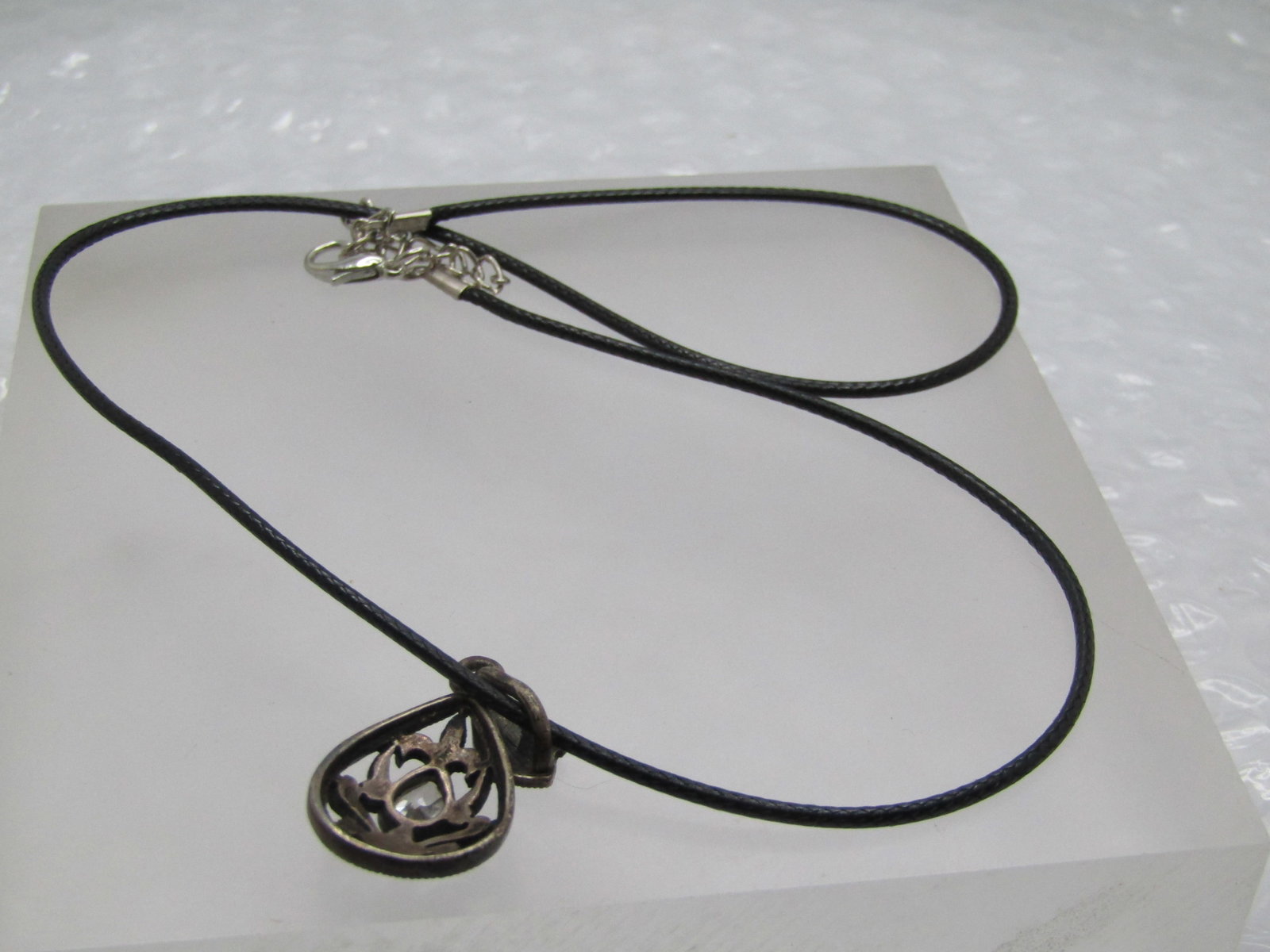 Vintage Sterling Marcasite CZ Necklace, 20" Black Cord - 6