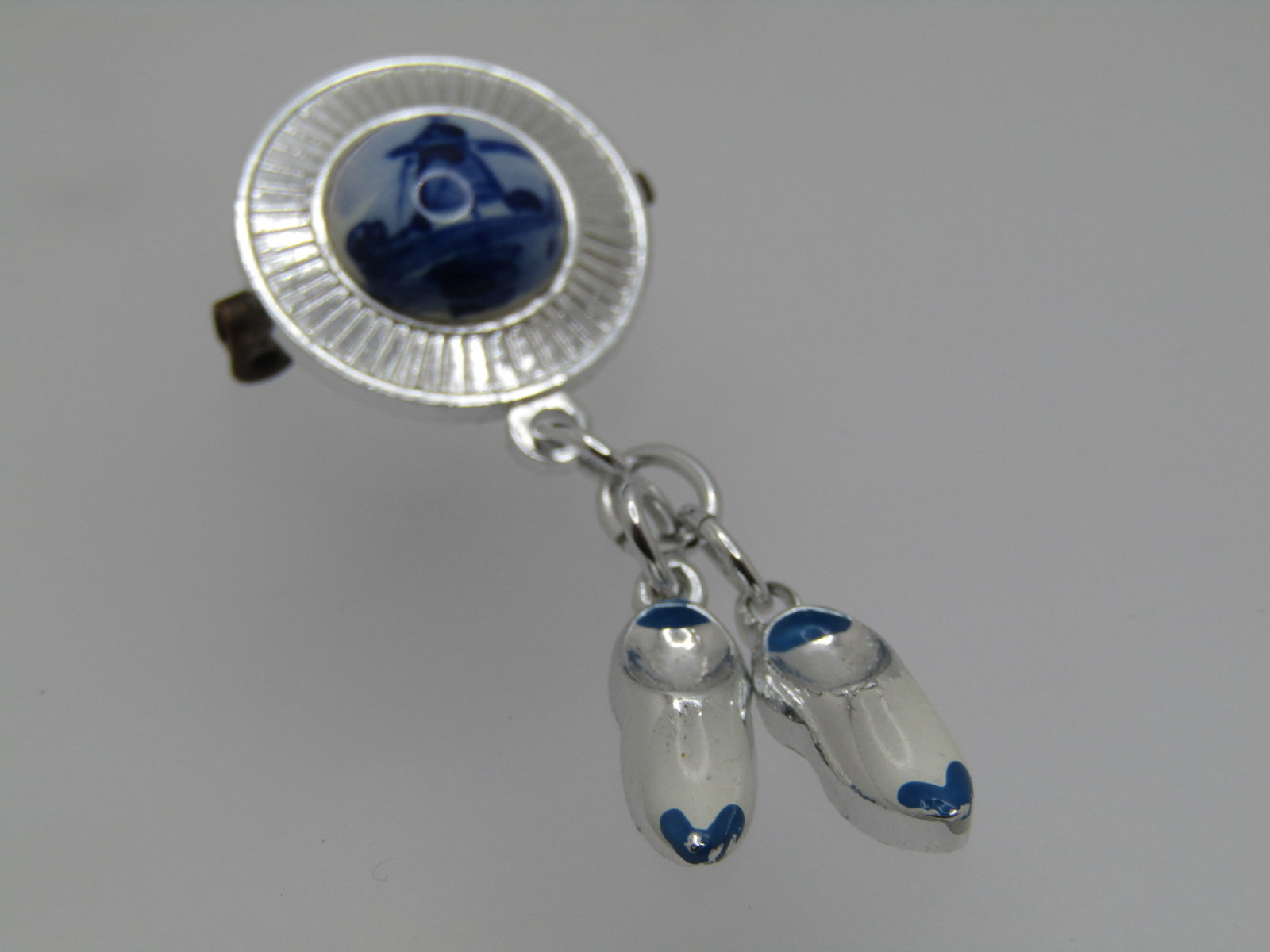 Vintage Delft Style Windmill Brooch with Dangling Shoes, 1960's - 2