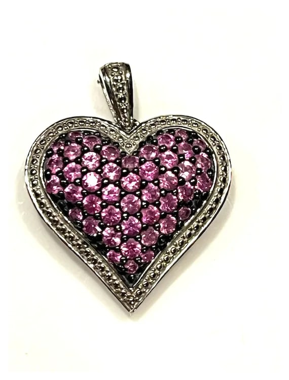 Estate Sterling Silver Heart Pendant with Pink Stones - 2