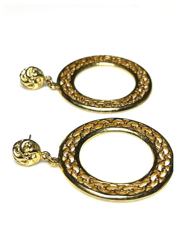 Vintage Gold Tone Large Statement Hoop Earrings - 2