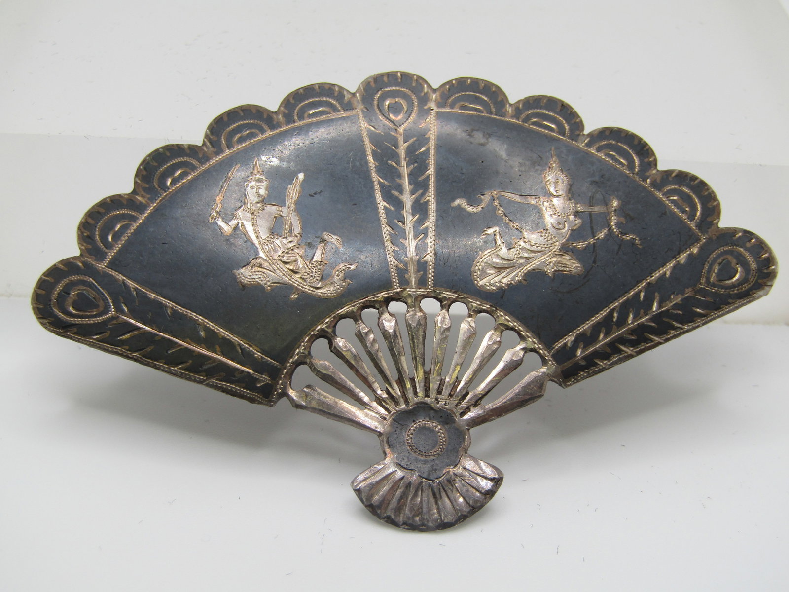 Vintage Enameled Siam Fan Brooch, 3", 1930's-1940's C-Clasp. - 2