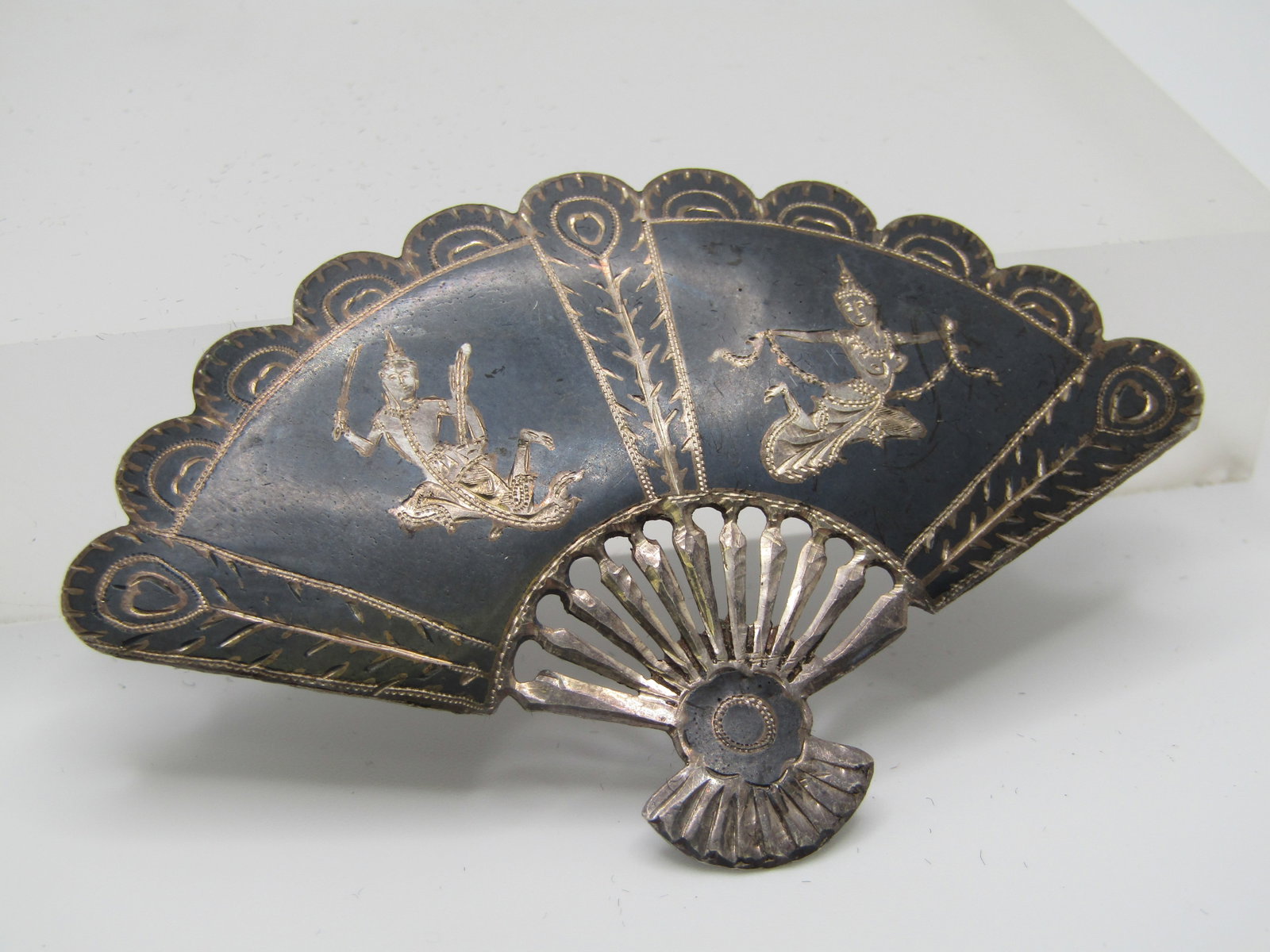 Vintage Enameled Siam Fan Brooch, 3", 1930's-1940's C-Clasp. - 3
