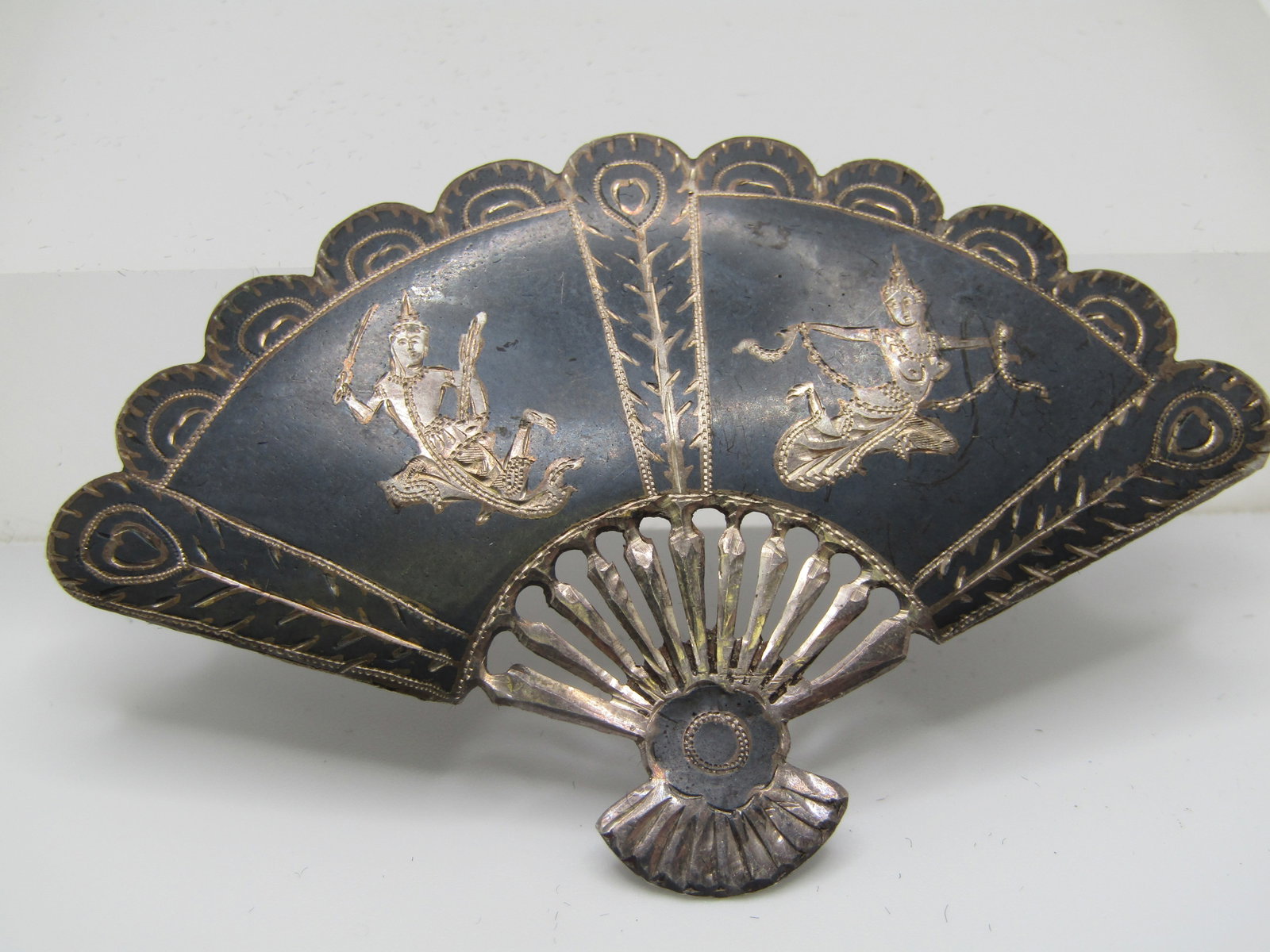 Vintage Enameled Siam Fan Brooch, 3", 1930's-1940's C-Clasp. - 4