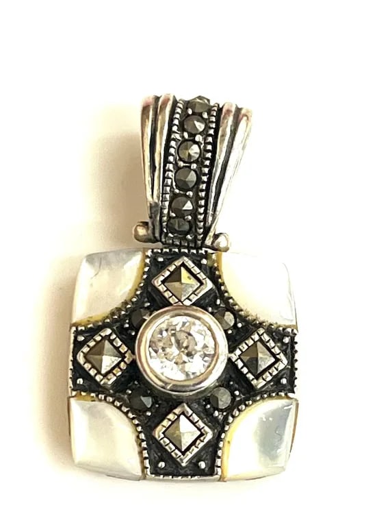 Estate Sterling Silver Marcasite and Mother of Pearl Pendant - 2