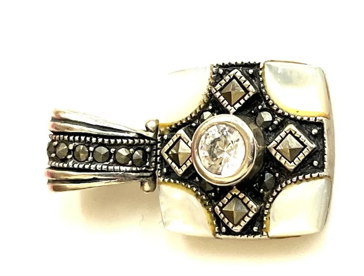 Estate Sterling Silver Marcasite and Mother of Pearl Pendant - 3