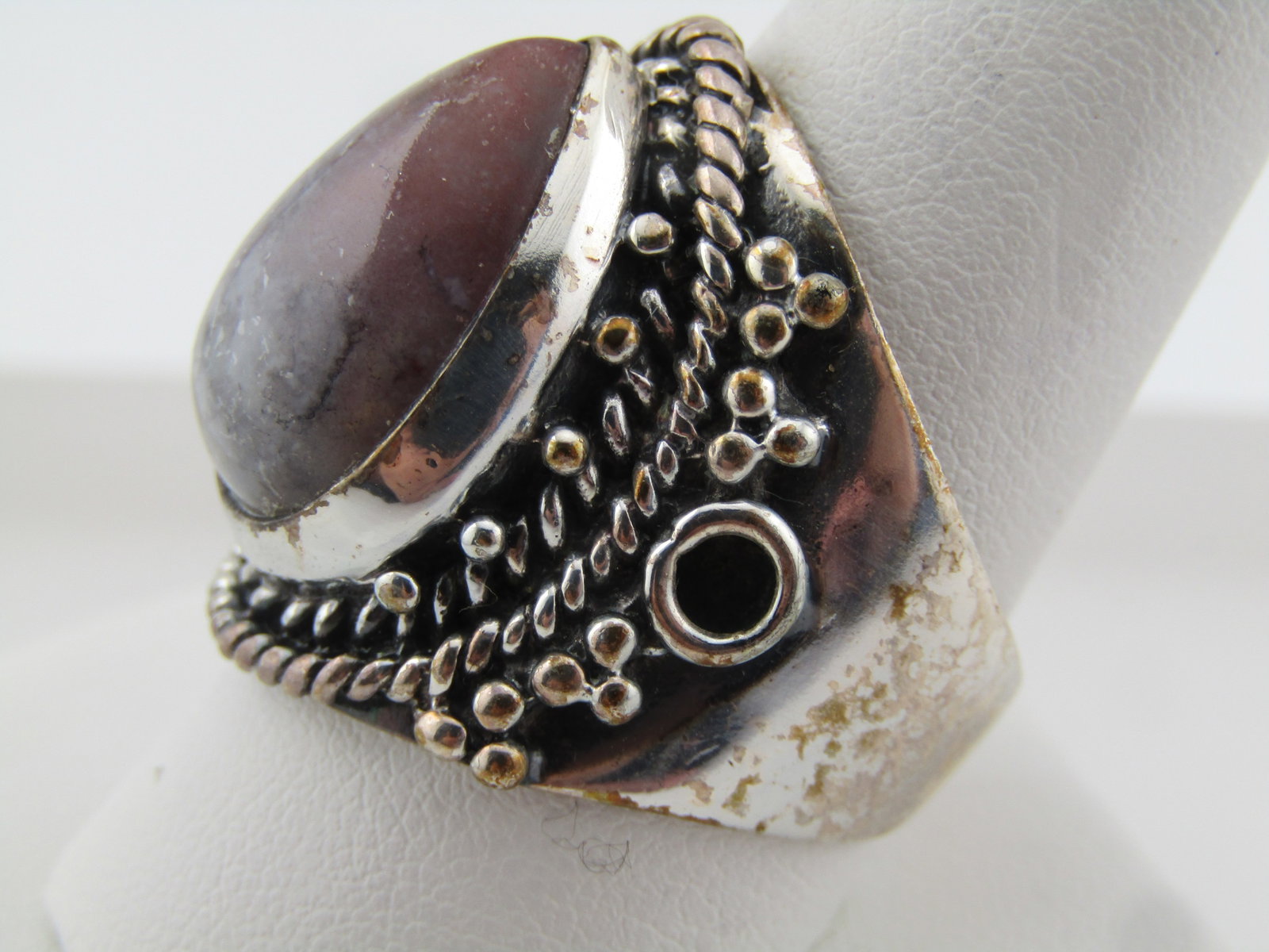 Silver tone Agate Bali Style Wide Ring, Sz. 10.5, Unisex, 1990's - 2