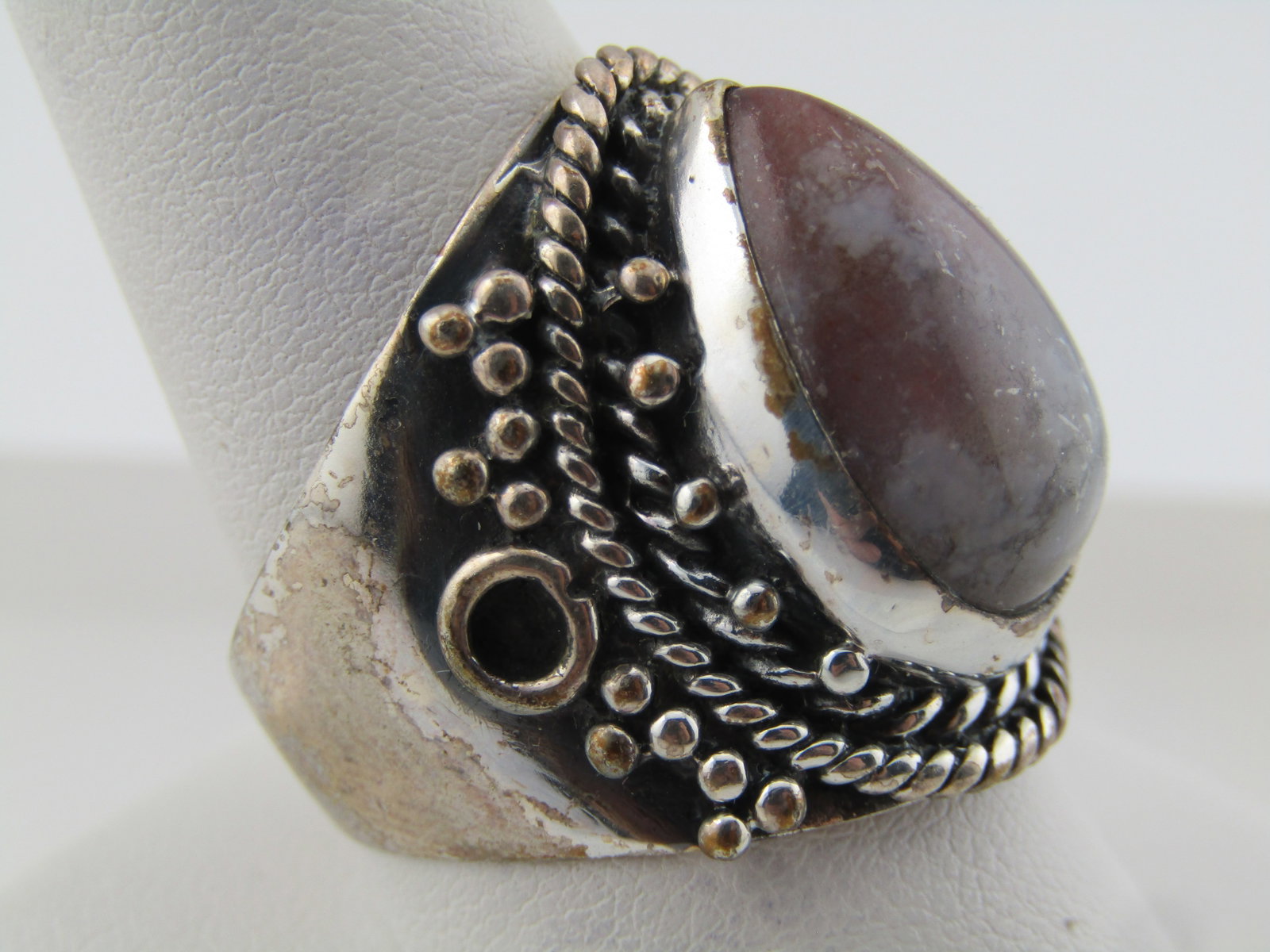 Silver tone Agate Bali Style Wide Ring, Sz. 10.5, Unisex, 1990's - 3