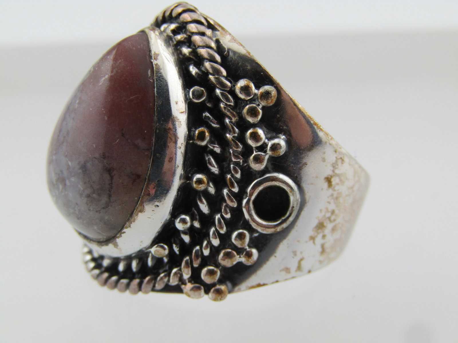 Silver tone Agate Bali Style Wide Ring, Sz. 10.5, Unisex, 1990's - 6