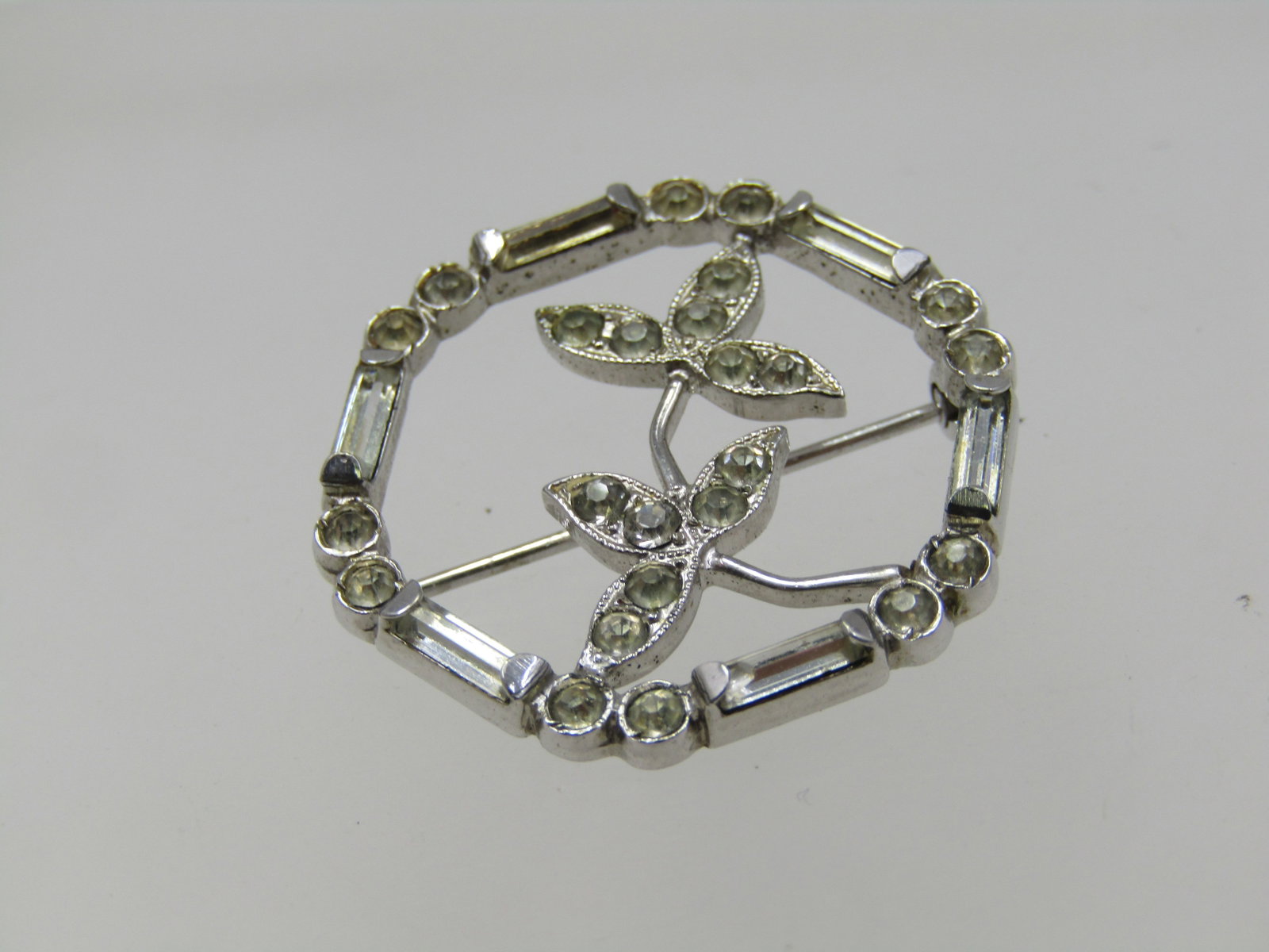 Vintage Sterling Leave and Rhinestone Circle Brooch, 1940's-1960's, 1" - 2