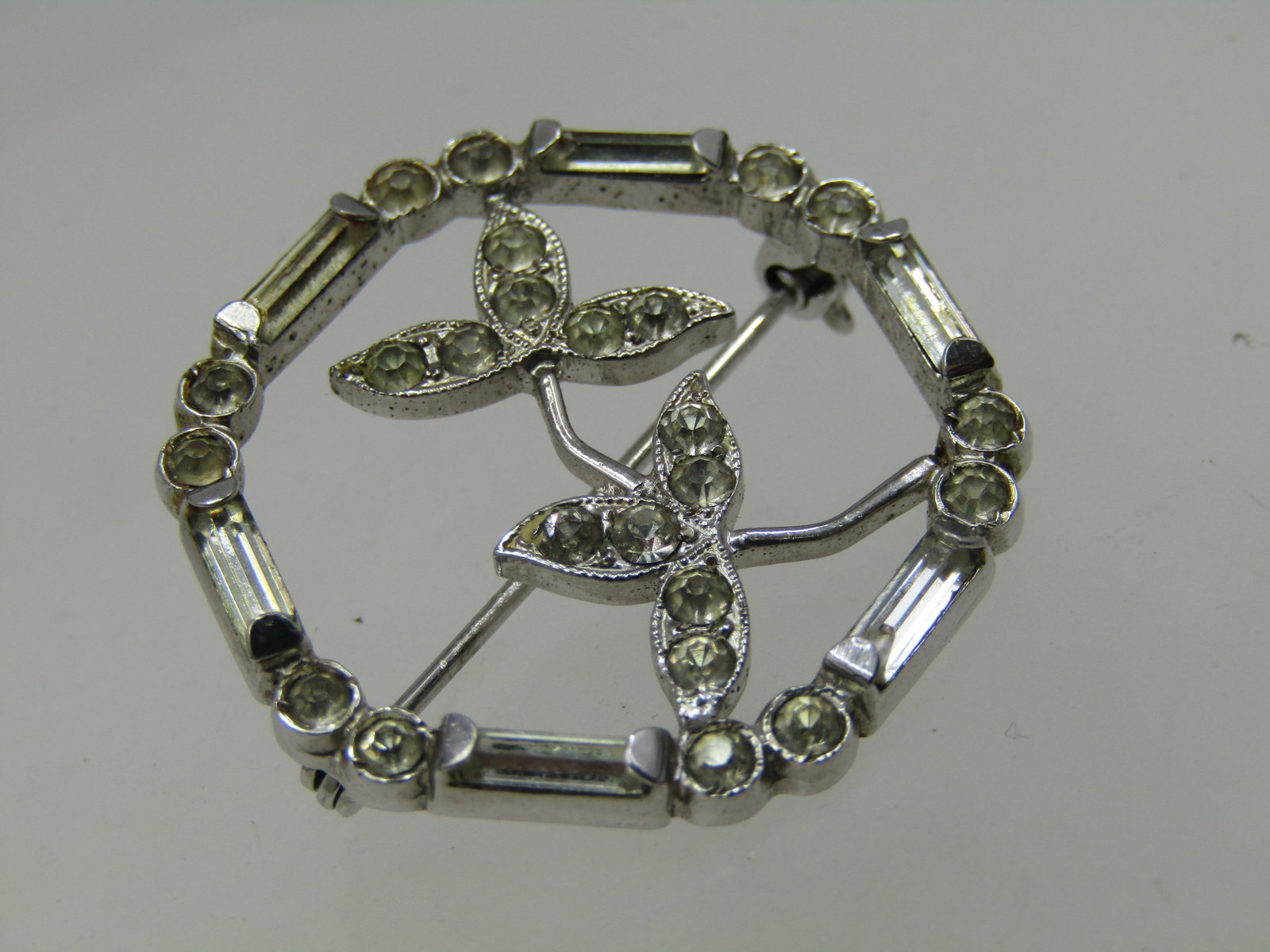 Vintage Sterling Leave and Rhinestone Circle Brooch, 1940's-1960's, 1" - 3