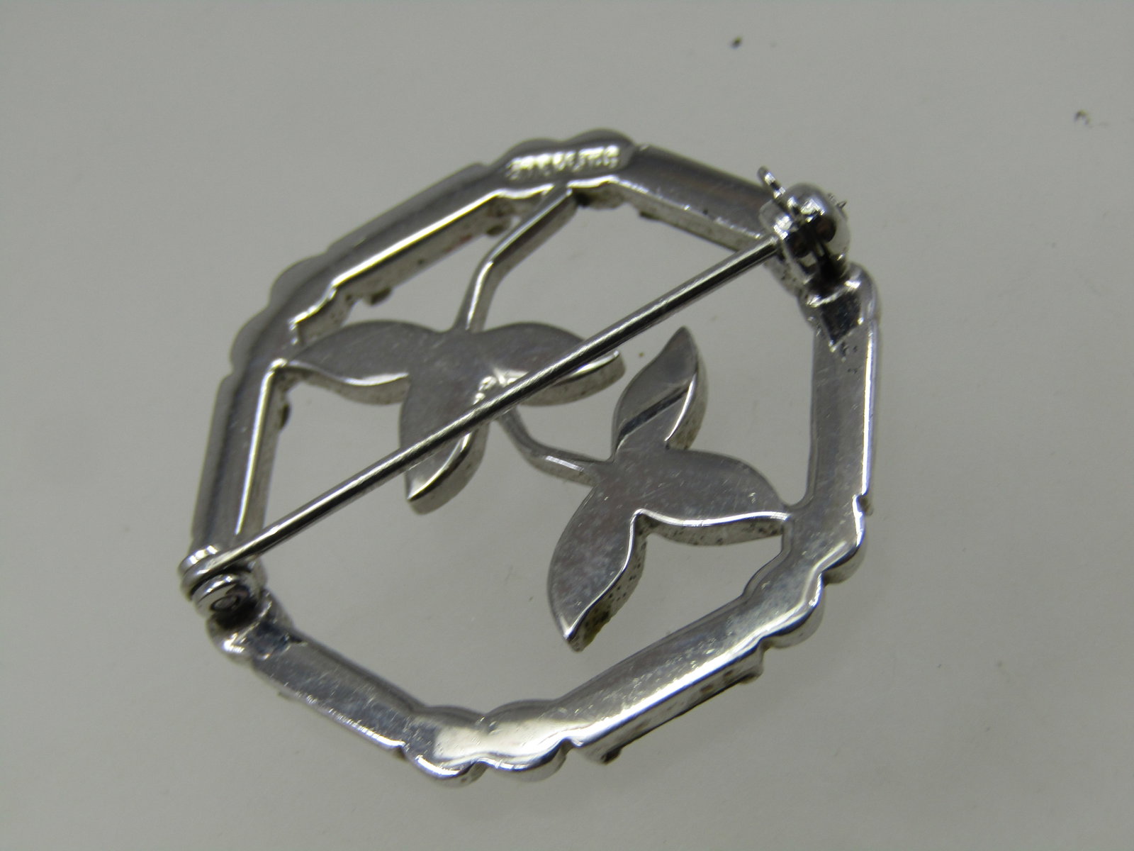 Vintage Sterling Leave and Rhinestone Circle Brooch, 1940's-1960's, 1" - 4