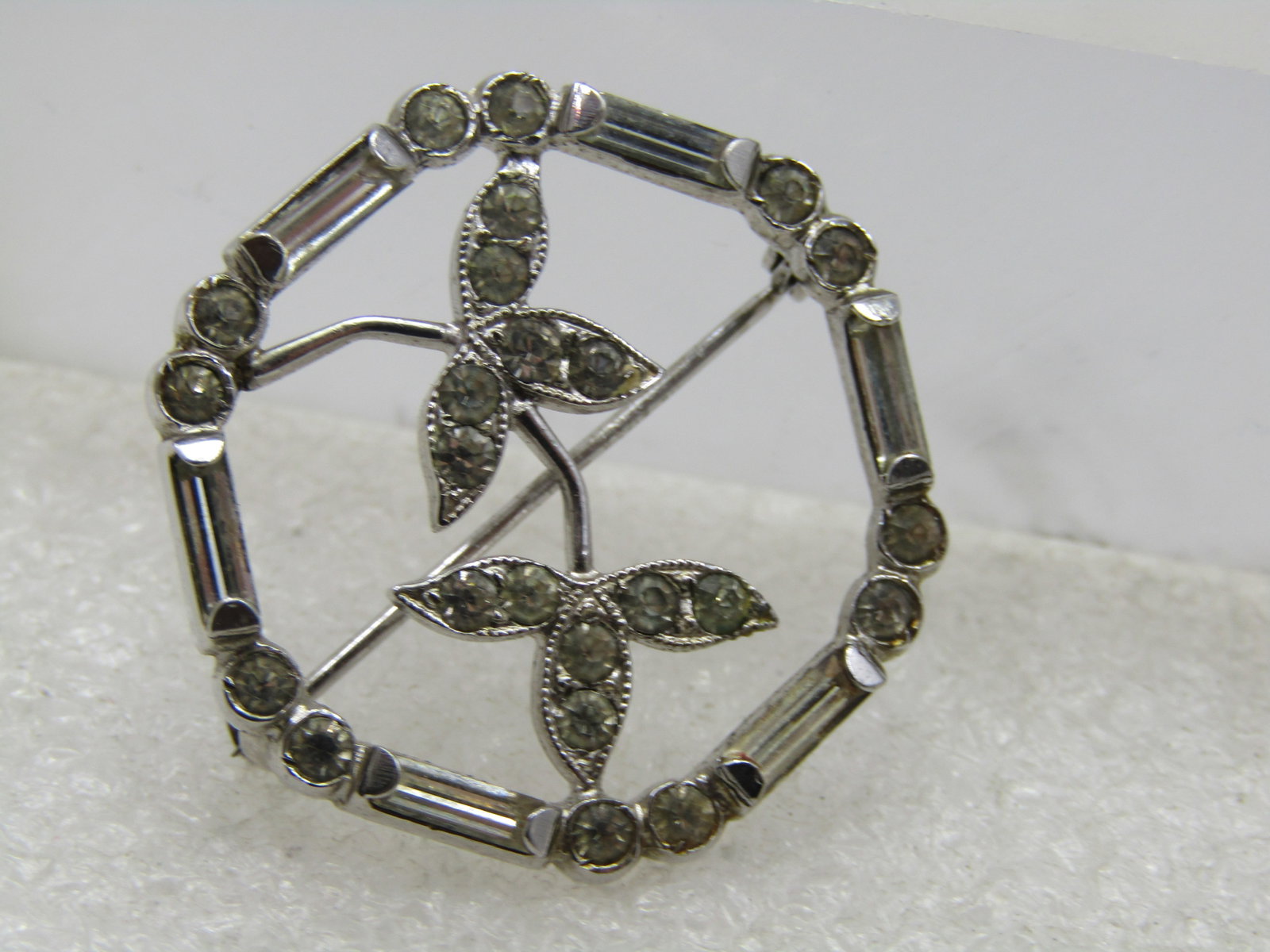 Vintage Sterling Leave and Rhinestone Circle Brooch, 1940's-1960's, 1" - 5