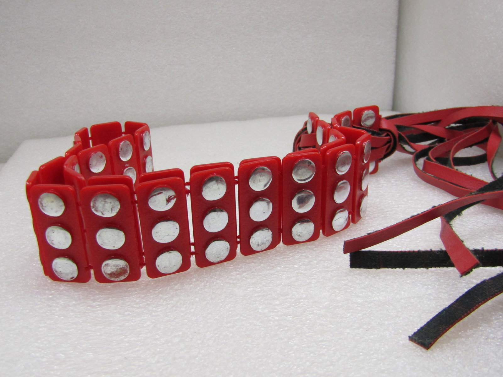Vintage Red Plastic Silver Studded Belt, Tassels, 1970's-1980's - 2