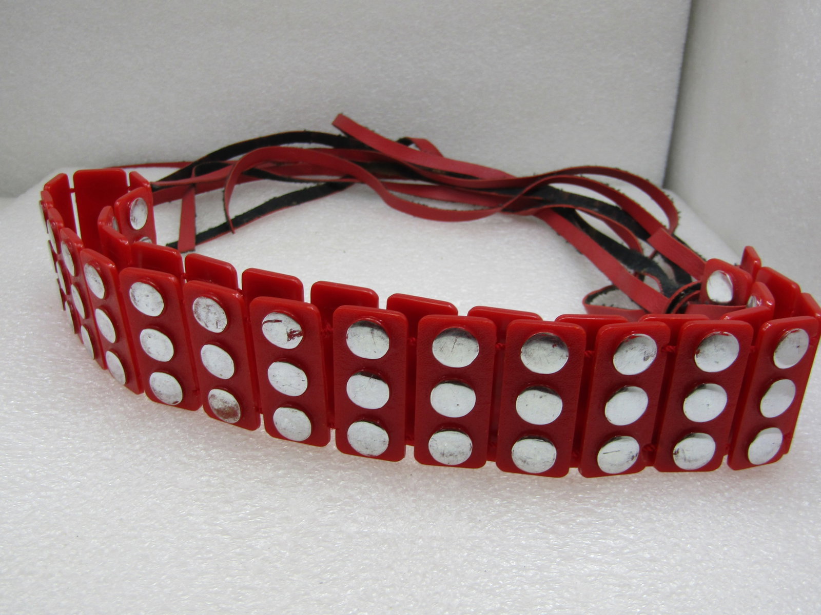 Vintage Red Plastic Silver Studded Belt, Tassels, 1970's-1980's - 3