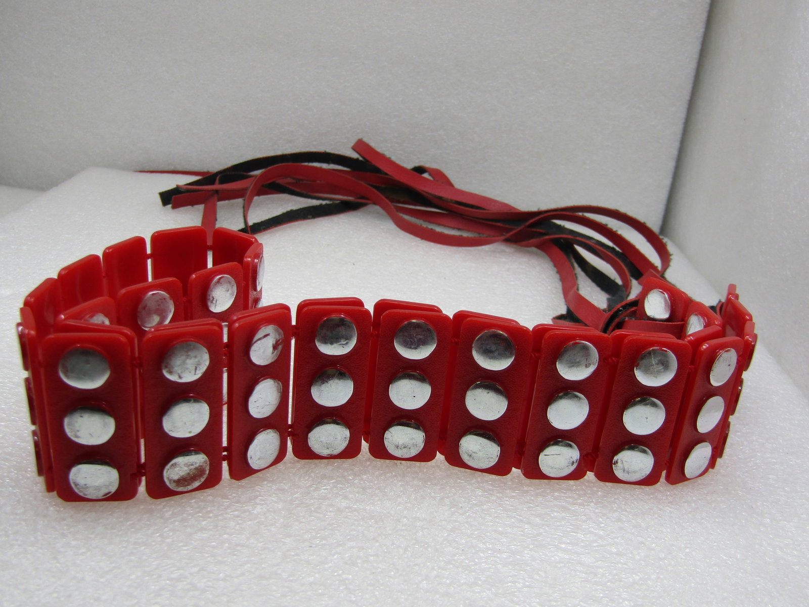 Vintage Red Plastic Silver Studded Belt, Tassels, 1970's-1980's - 4