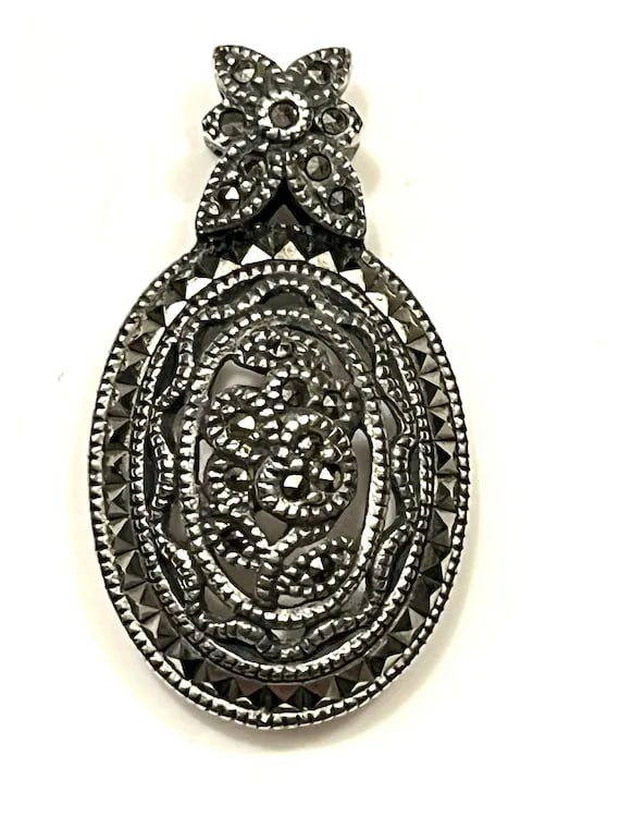 Vintage Sterling Silver Marcasite Pendant - 2