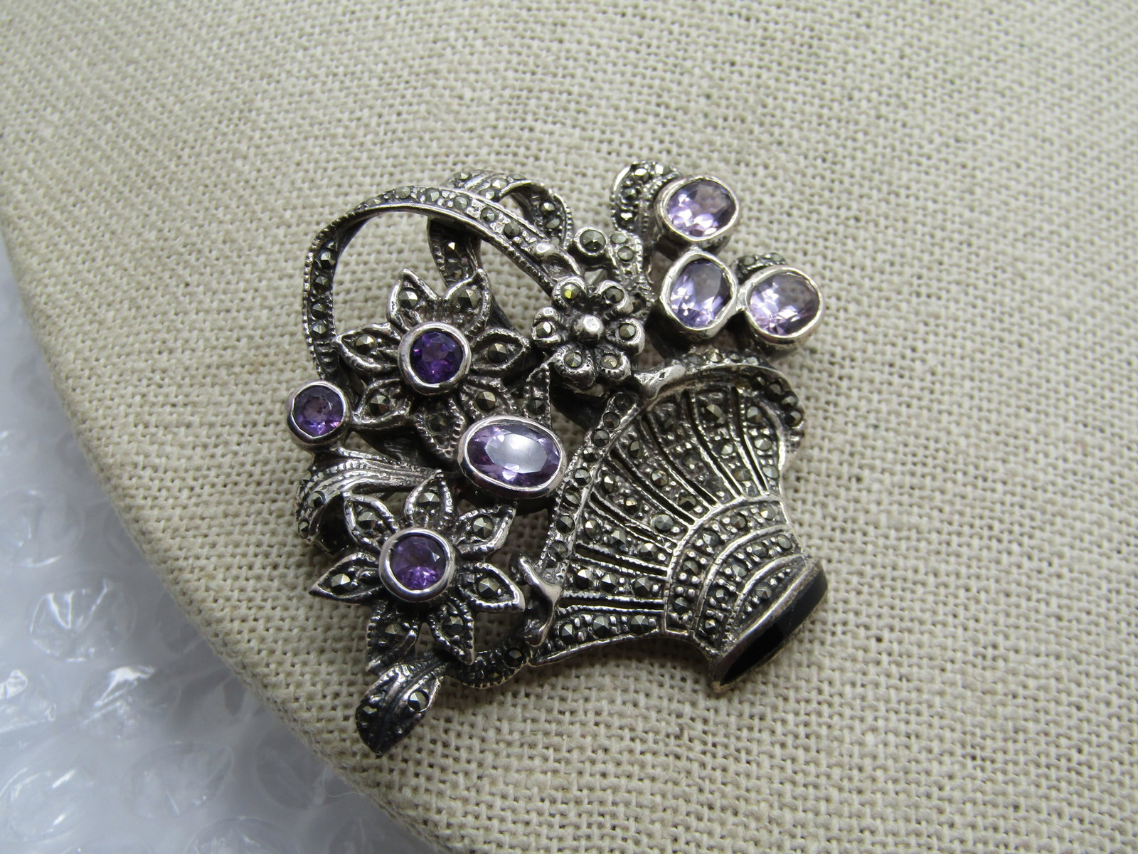 Vintage Sterling Amethyst Marcasite Floral Basket Brooch, 1980's, Signed - 2