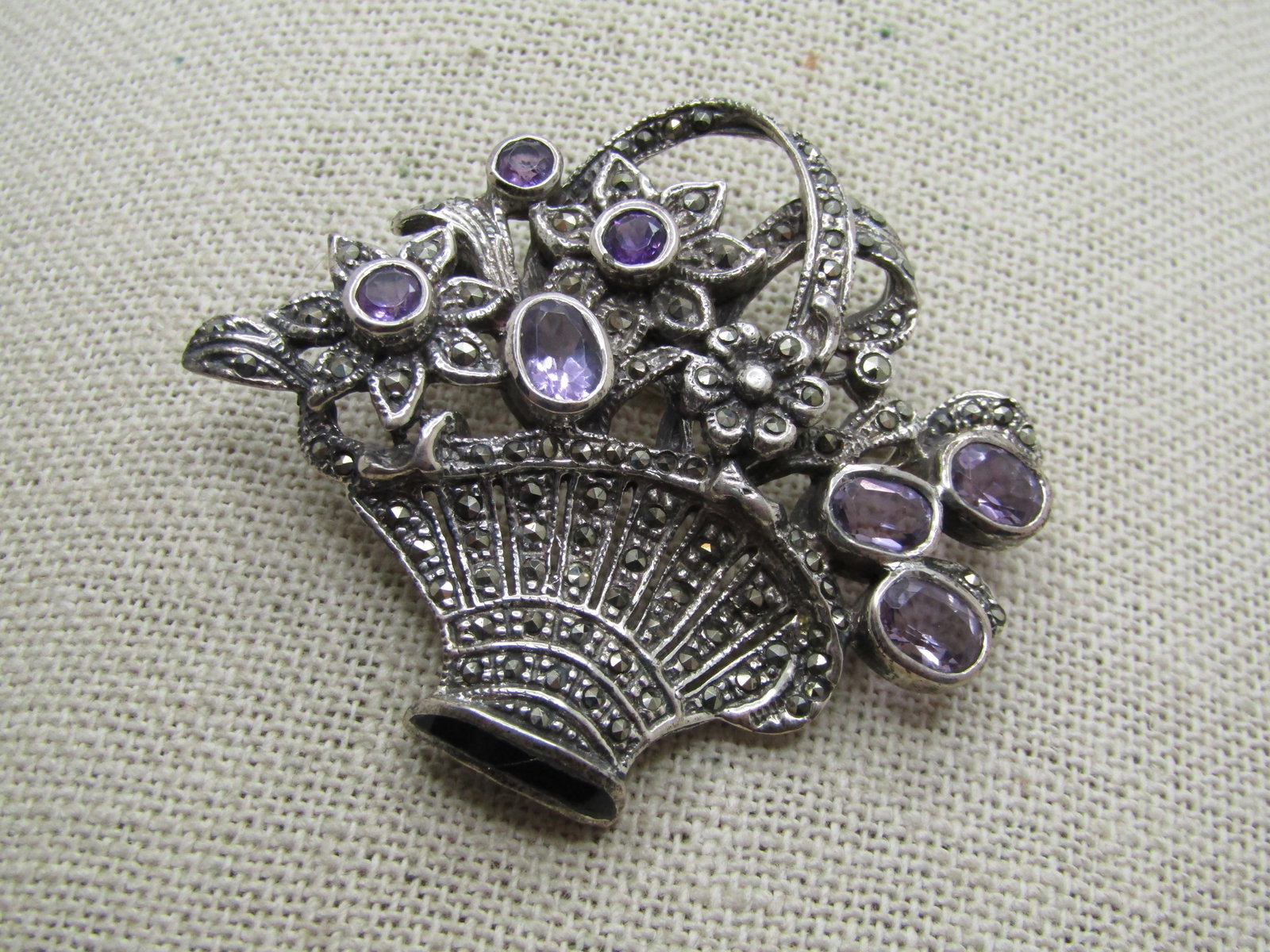 Vintage Sterling Amethyst Marcasite Floral Basket Brooch, 1980's, Signed - 3