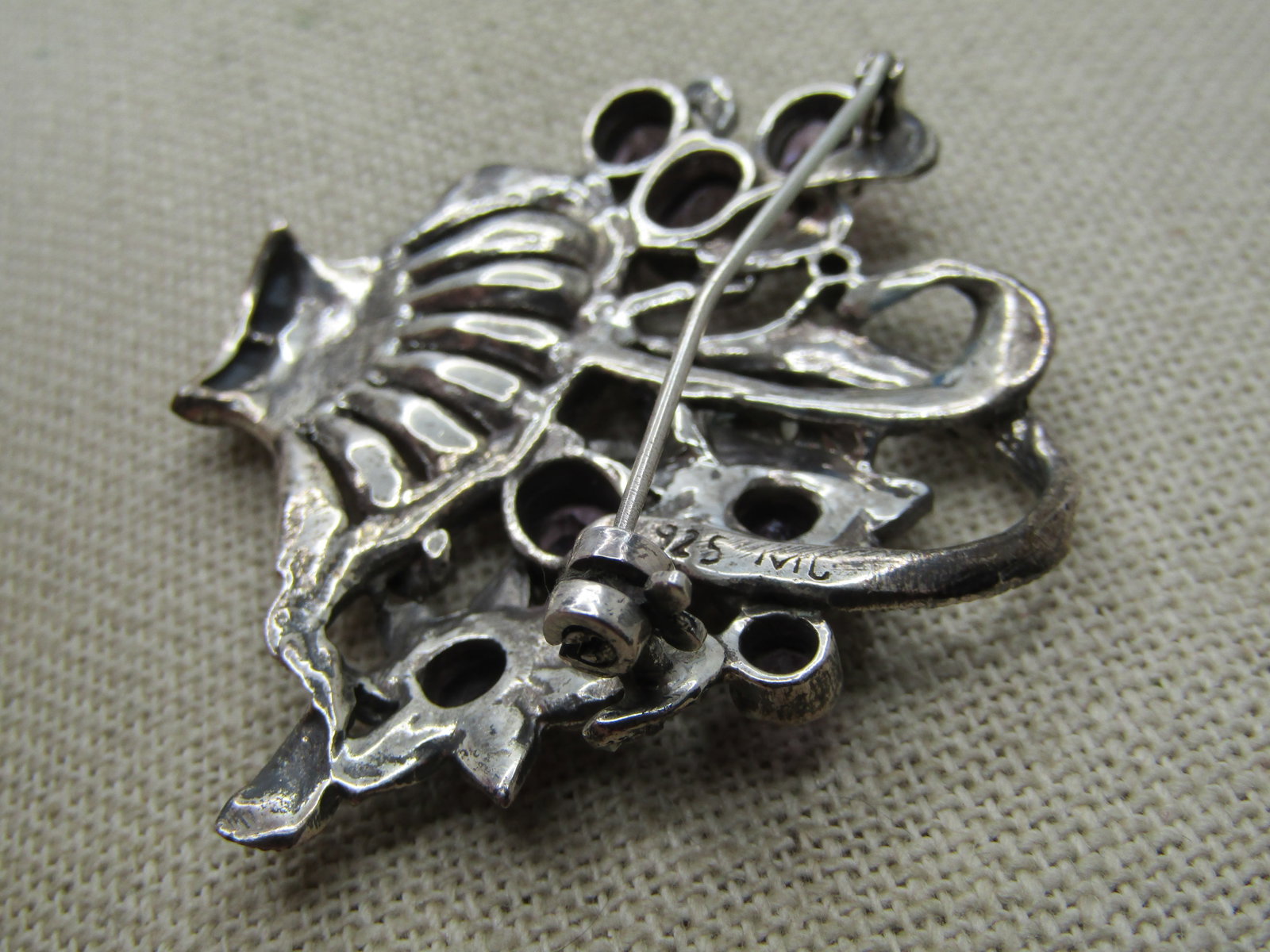 Vintage Sterling Amethyst Marcasite Floral Basket Brooch, 1980's, Signed - 4