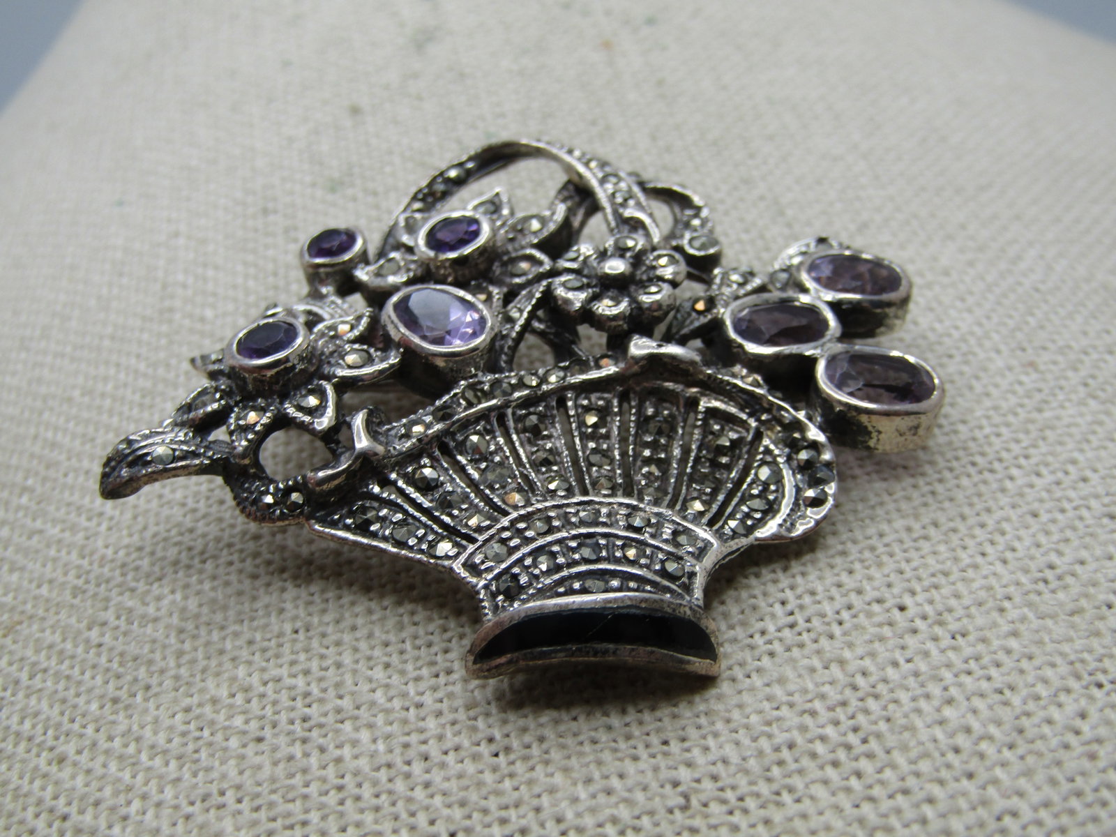 Vintage Sterling Amethyst Marcasite Floral Basket Brooch, 1980's, Signed - 5