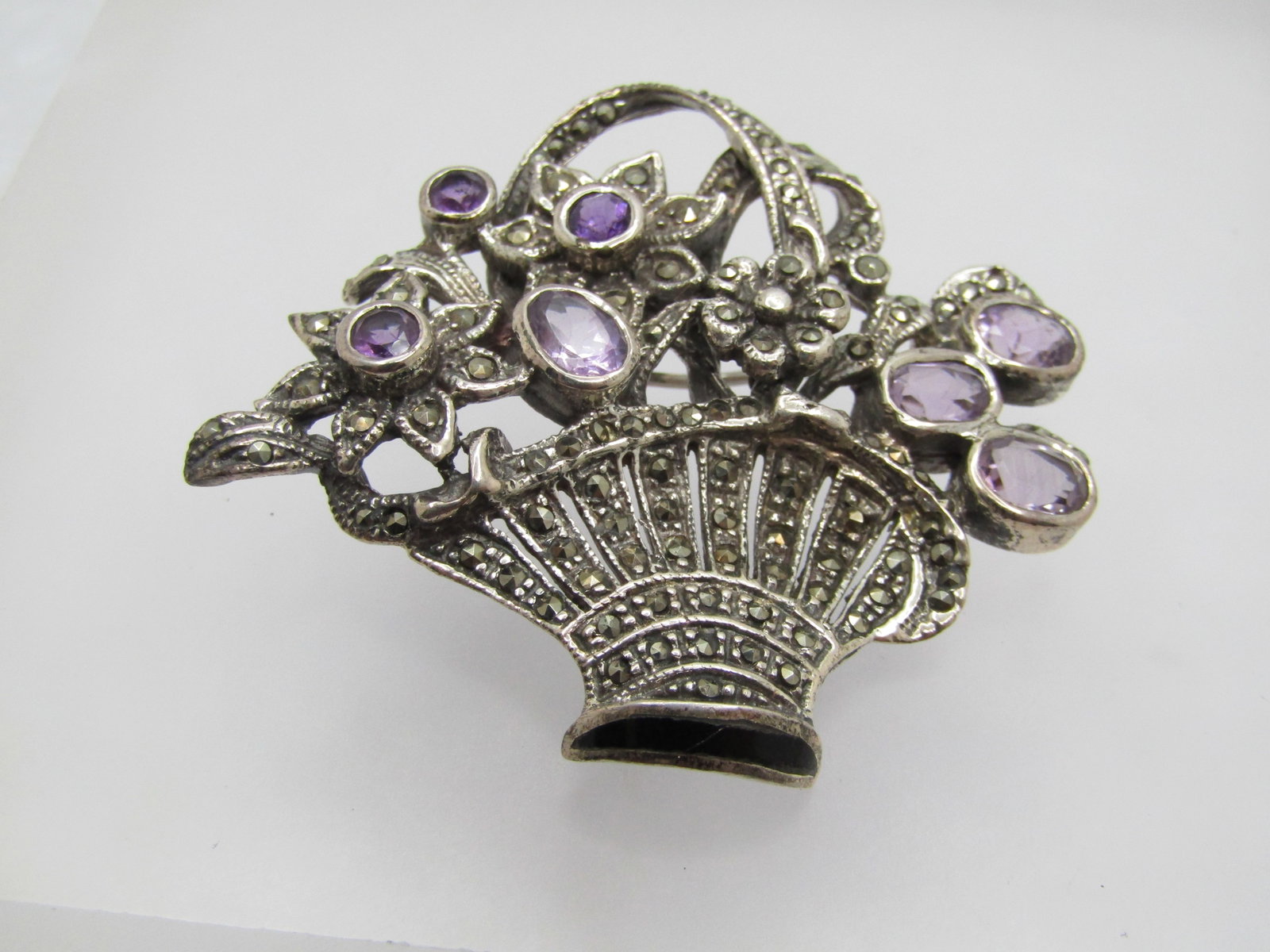 Vintage Sterling Amethyst Marcasite Floral Basket Brooch, 1980's, Signed - 6