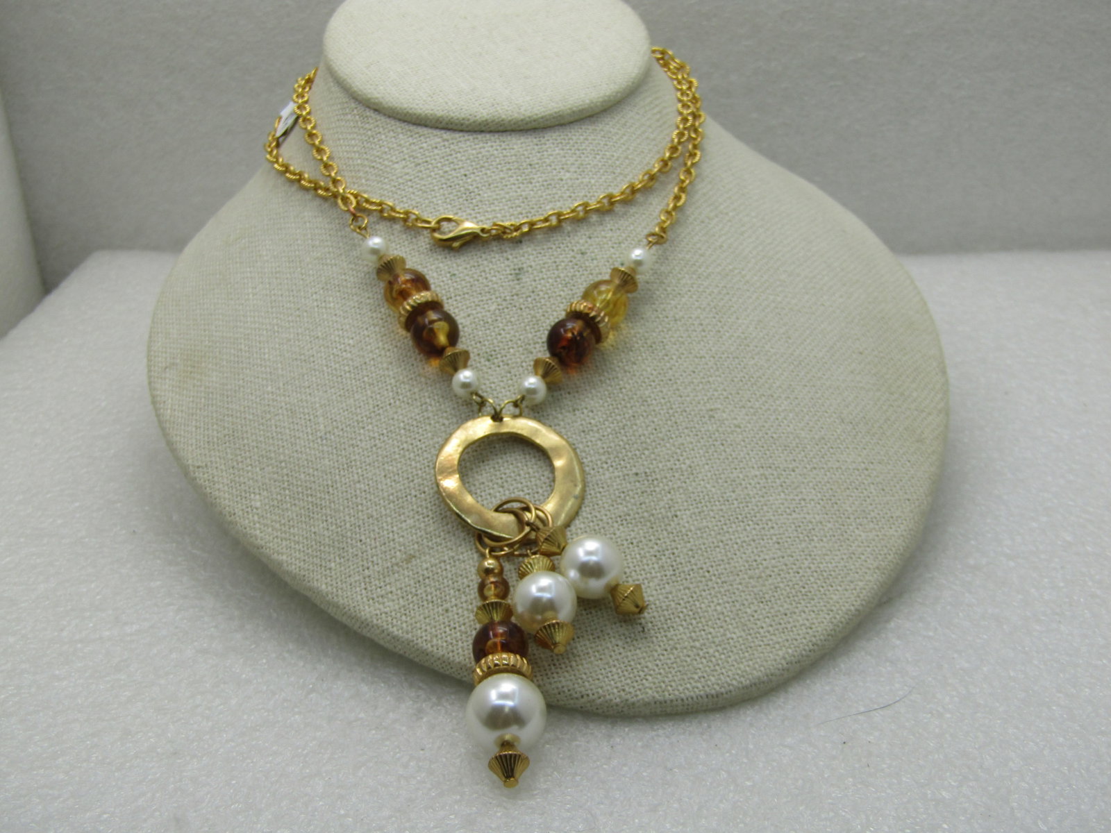 Vintage Gold Tone Faux Pearl Amber Necklace, 1980's, Gold Tone, 26" - 2