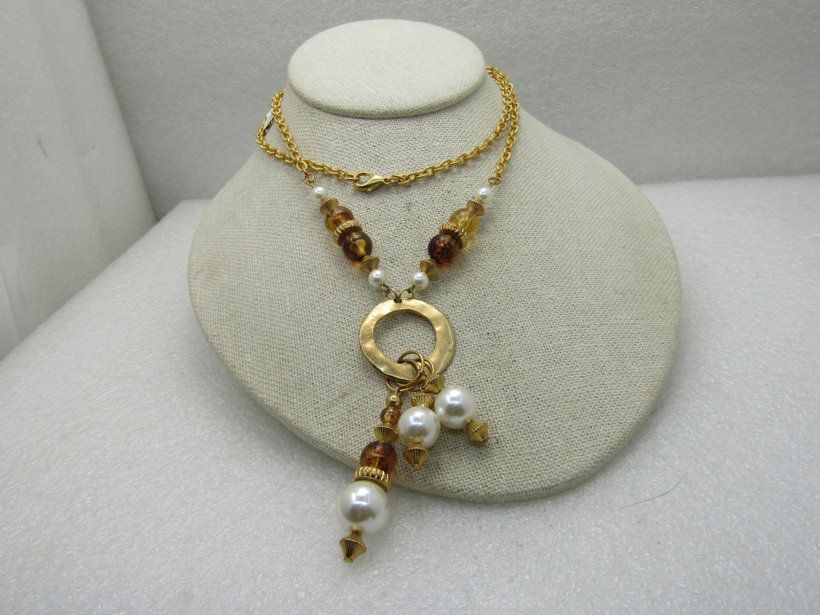 Vintage Gold Tone Faux Pearl Amber Necklace, 1980's, Gold Tone, 26" - 3
