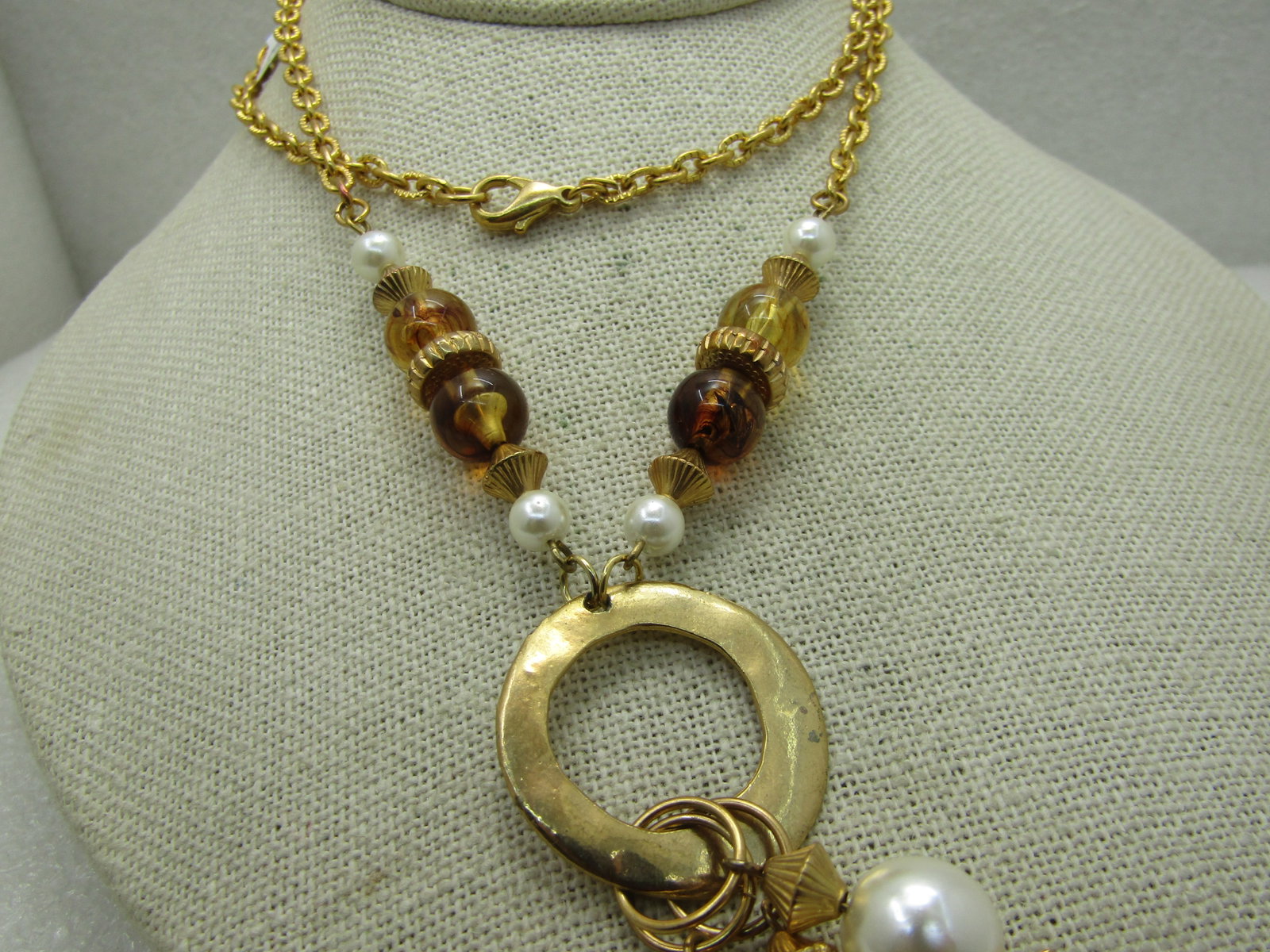 Vintage Gold Tone Faux Pearl Amber Necklace, 1980's, Gold Tone, 26" - 4