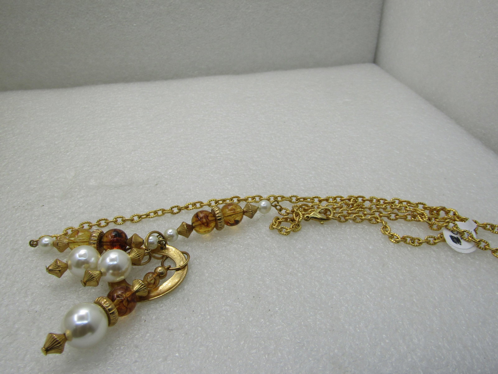 Vintage Gold Tone Faux Pearl Amber Necklace, 1980's, Gold Tone, 26" - 6