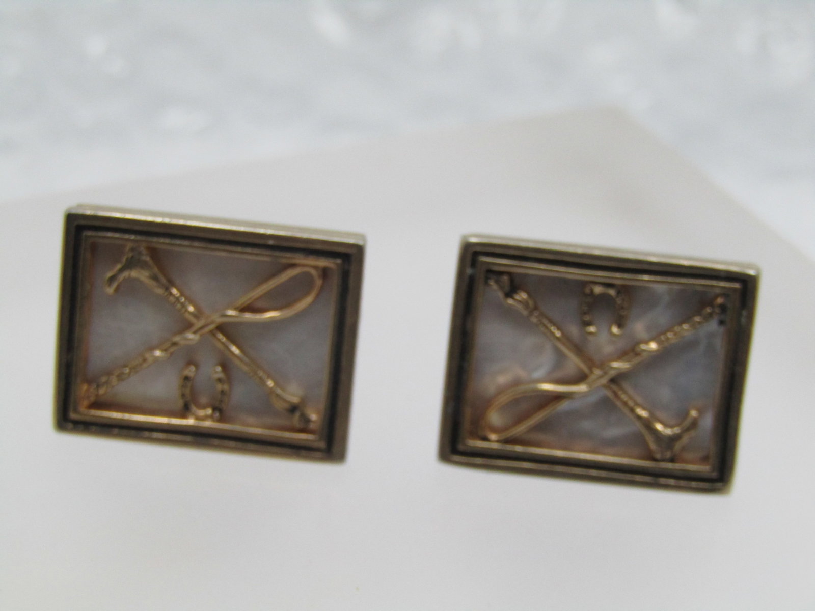 Vintage MOP Equestrian Cufflinks, Swank, Whip, Horseshoe, Crop - 2