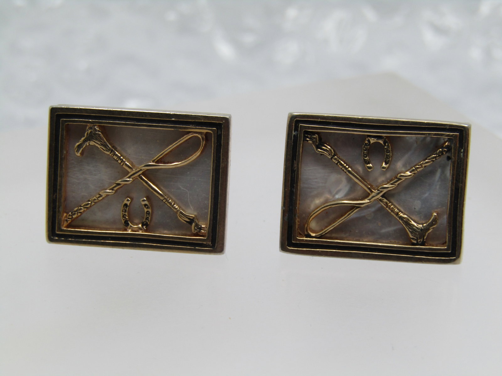 Vintage MOP Equestrian Cufflinks, Swank, Whip, Horseshoe, Crop - 3