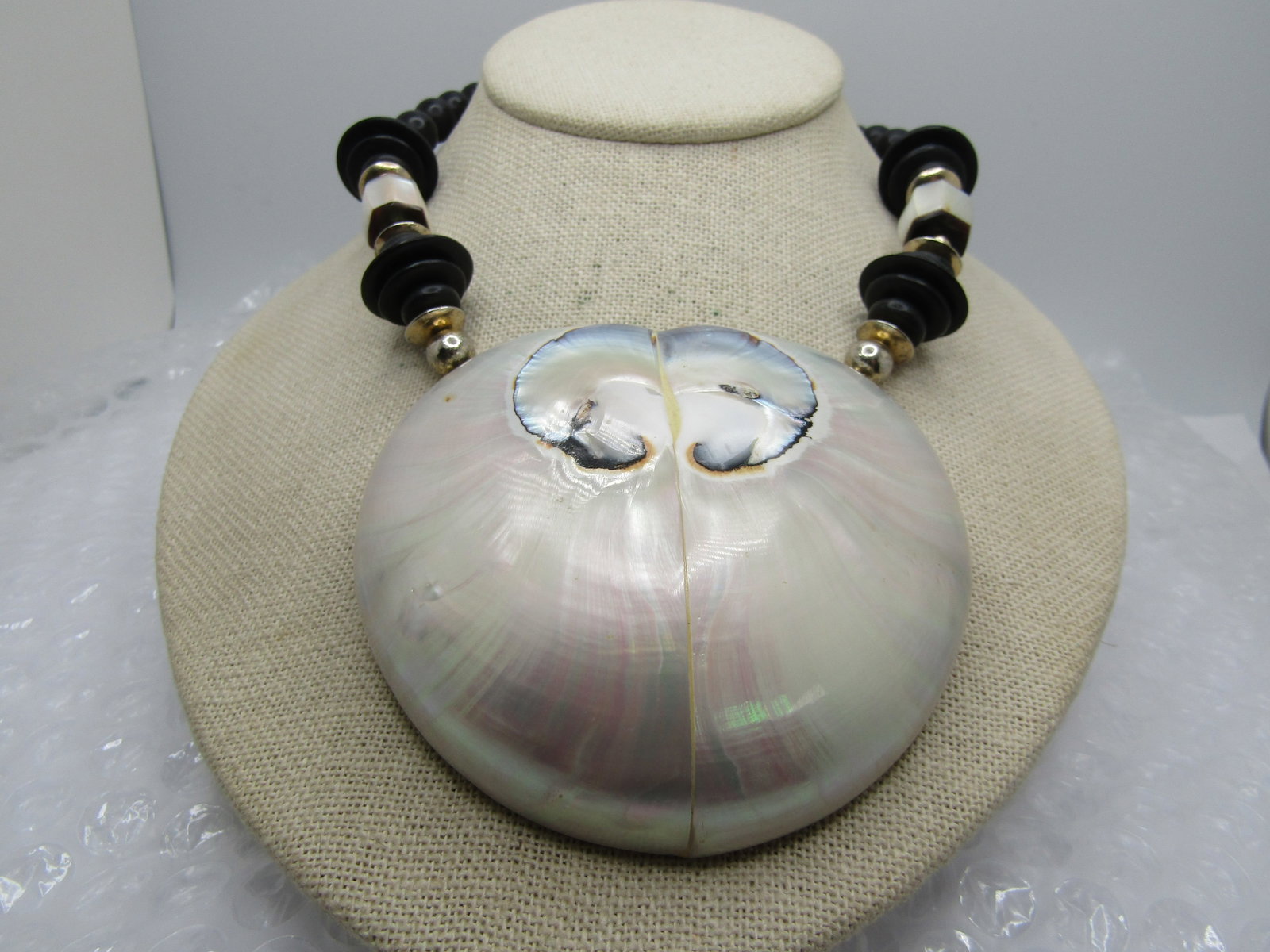 Vintage Large Shell Necklace, Black Beads, 25", Unique - 2