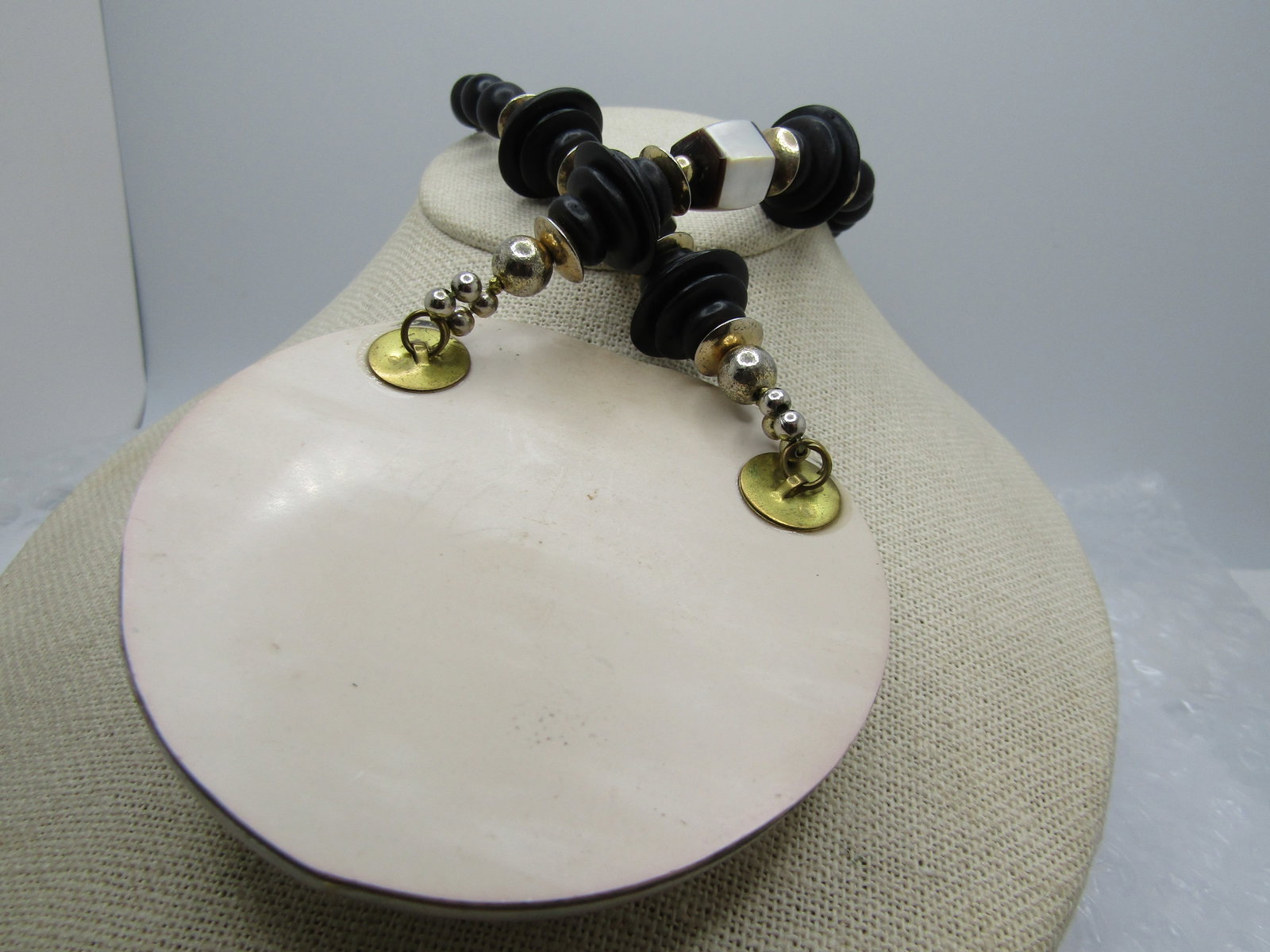 Vintage Large Shell Necklace, Black Beads, 25", Unique - 4