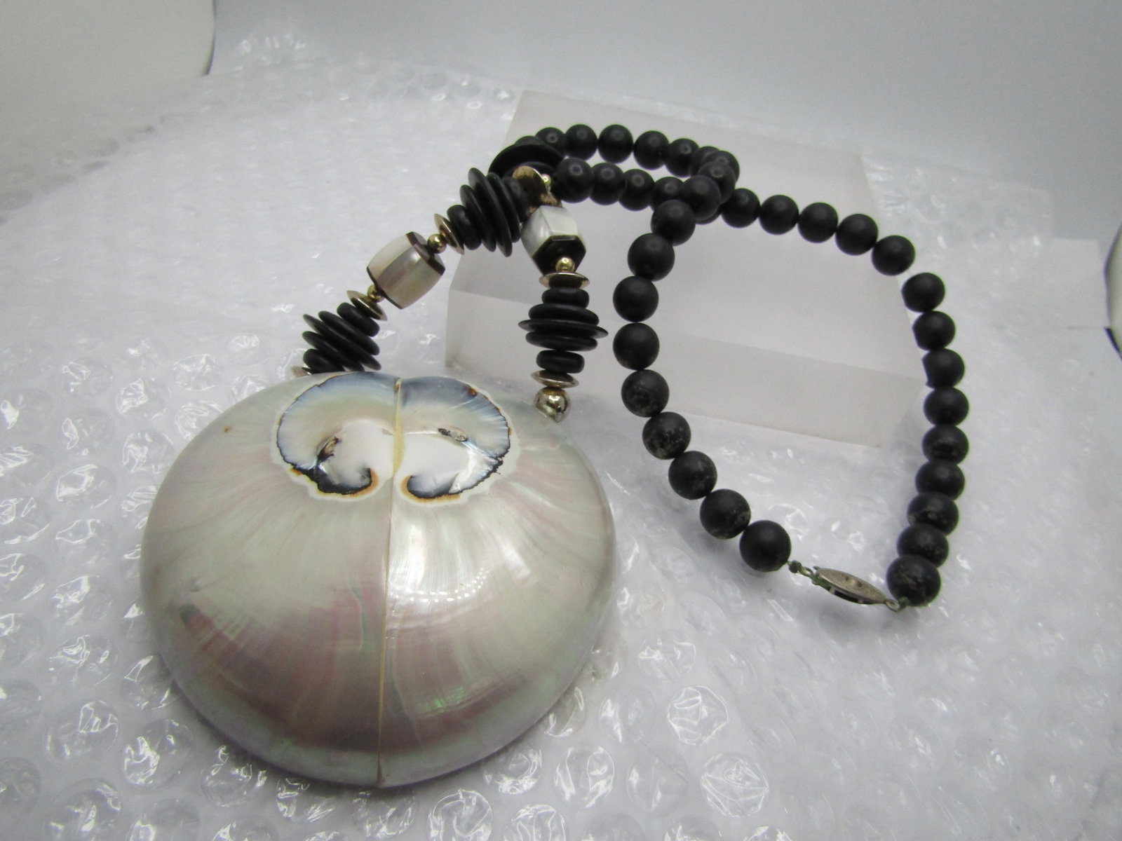 Vintage Large Shell Necklace, Black Beads, 25", Unique - 5
