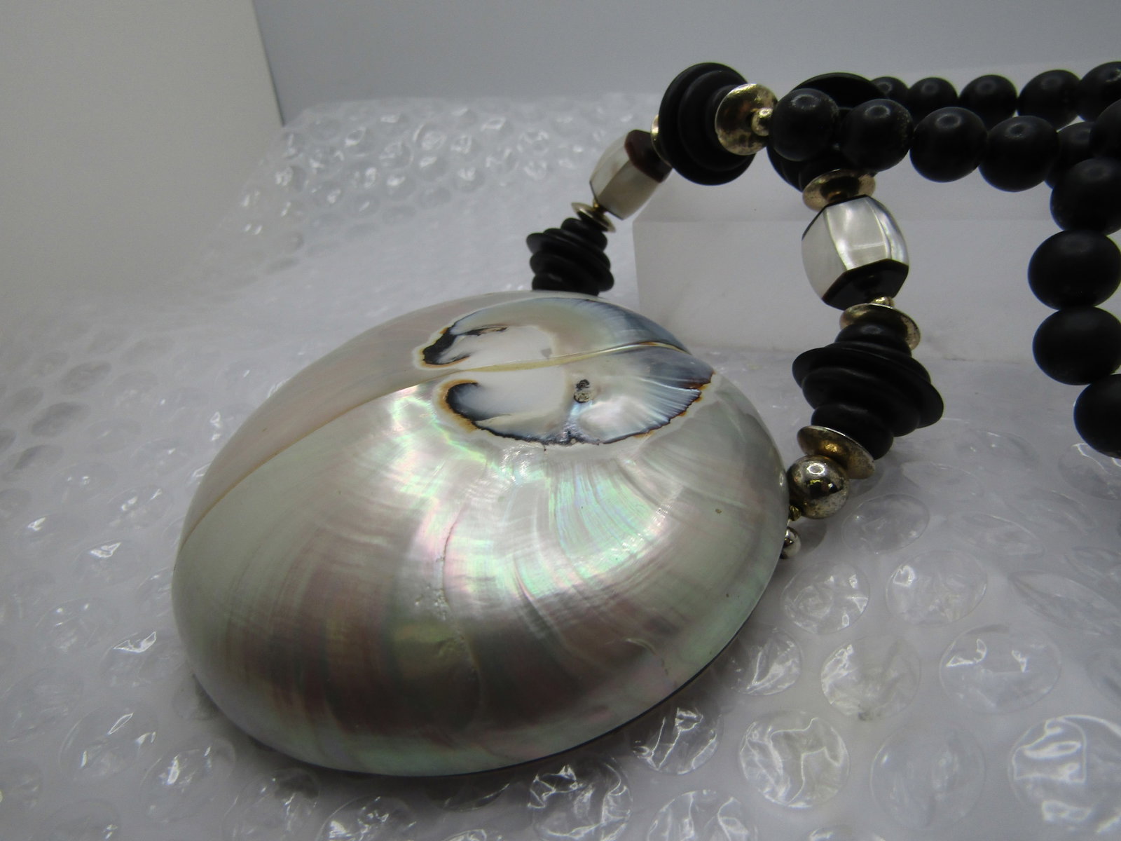 Vintage Large Shell Necklace, Black Beads, 25", Unique - 6