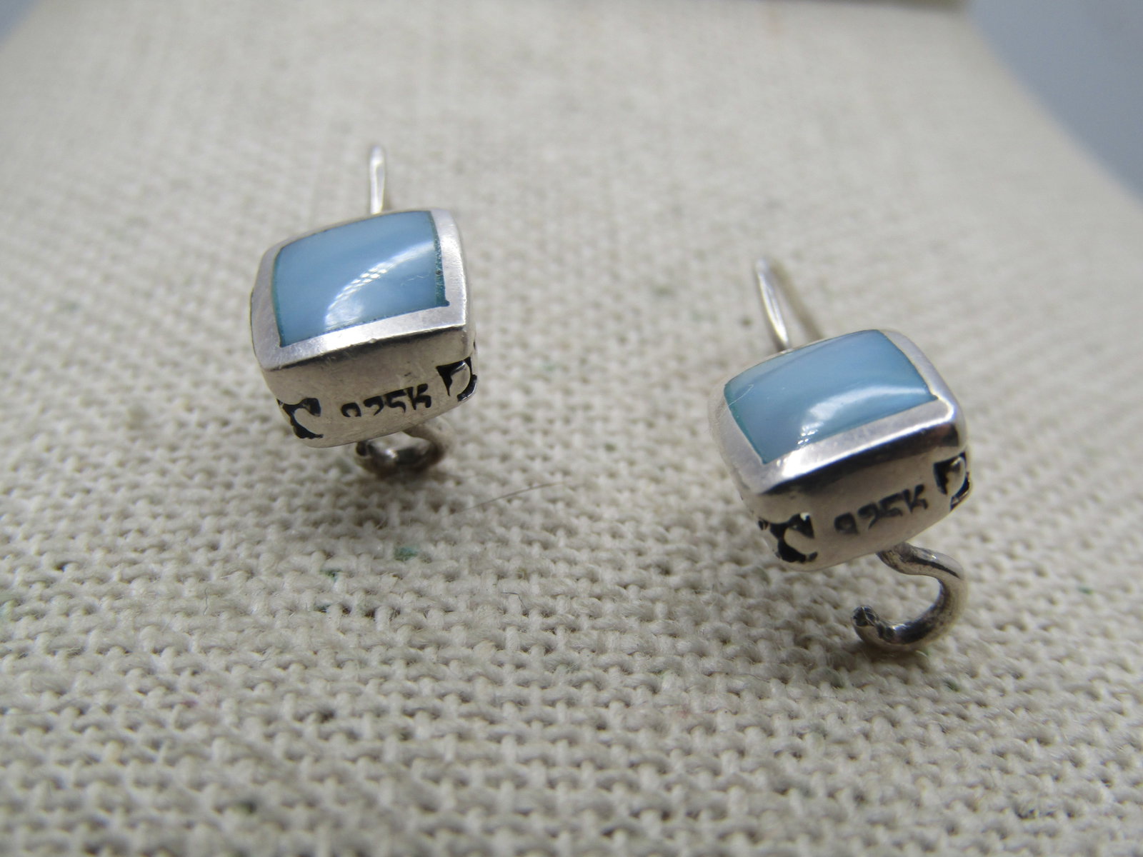 Sterling Silver Blue MOP Earings, Heart Accents, 1990's - 3
