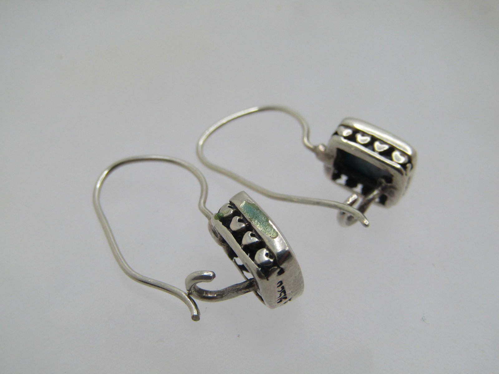 Sterling Silver Blue MOP Earings, Heart Accents, 1990's - 5