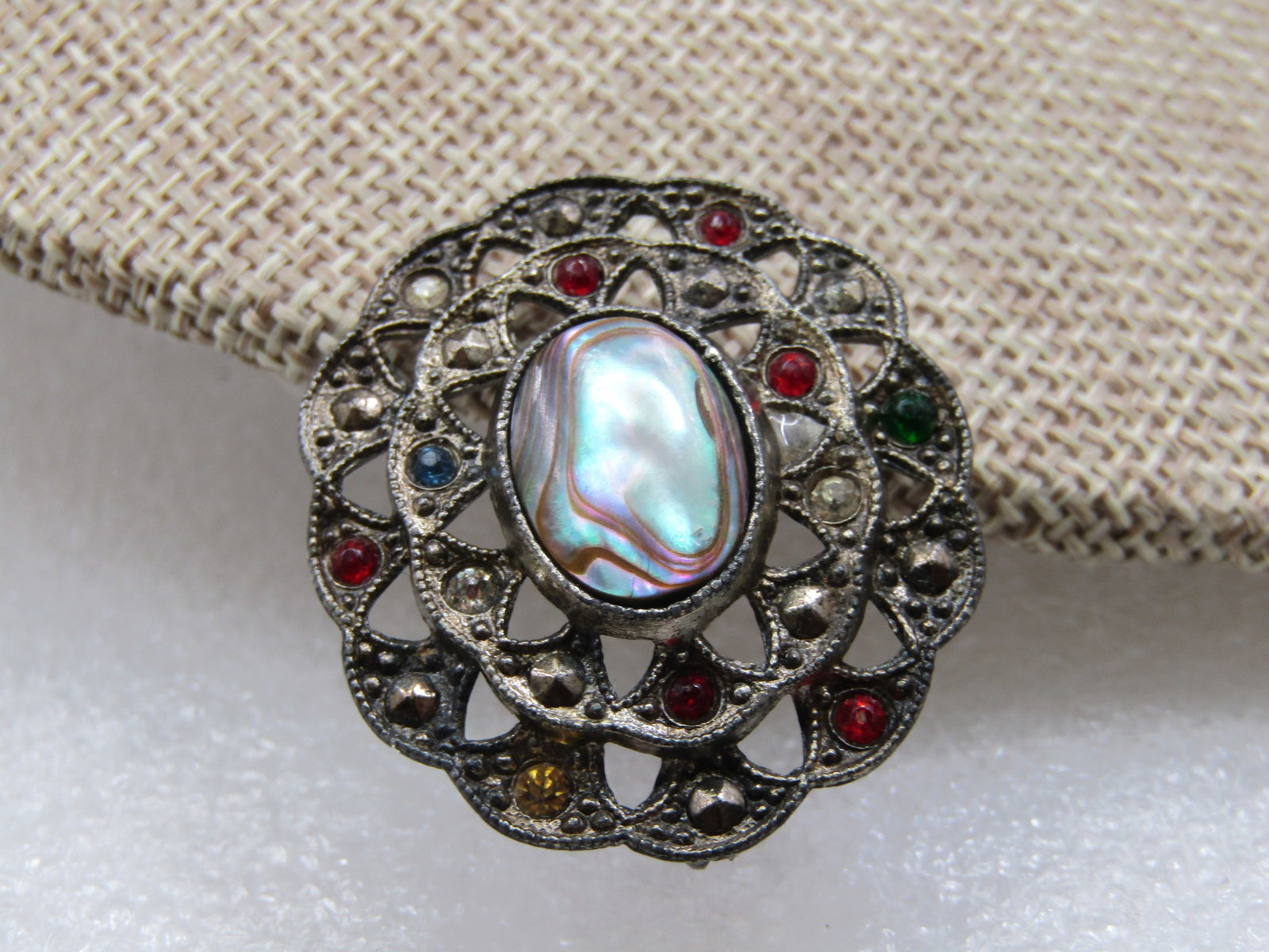 Vintage Little Nemo Abalone Rhinestone Brooch, 1930's Signed L/N - 2