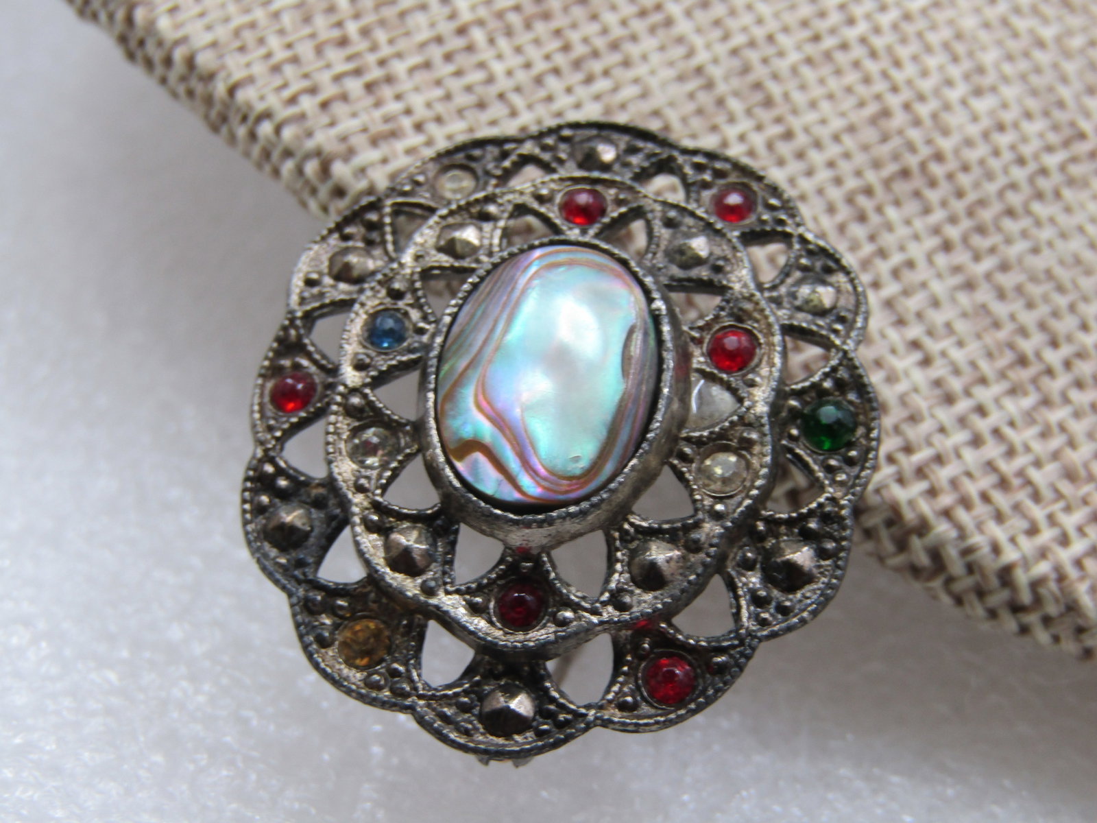 Vintage Little Nemo Abalone Rhinestone Brooch, 1930's Signed L/N - 4