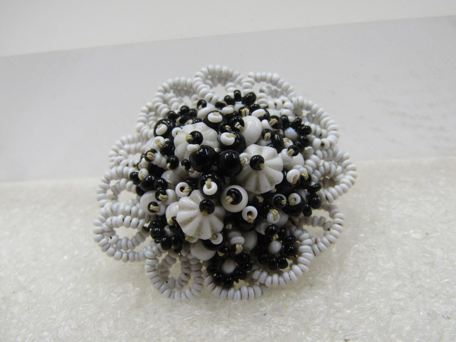 Vintage Black and White Seed Bead Blossom Brooch,1-3/8" Round - 2