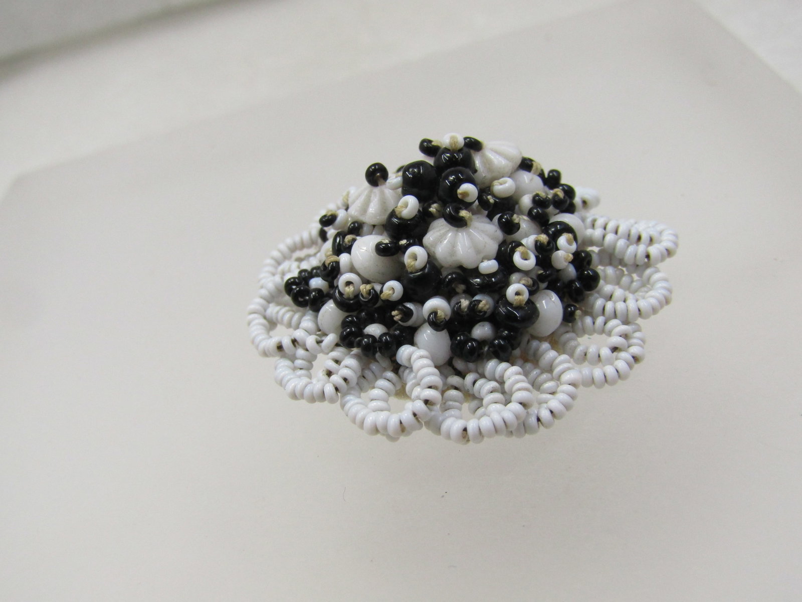 Vintage Black and White Seed Bead Blossom Brooch,1-3/8" Round - 3