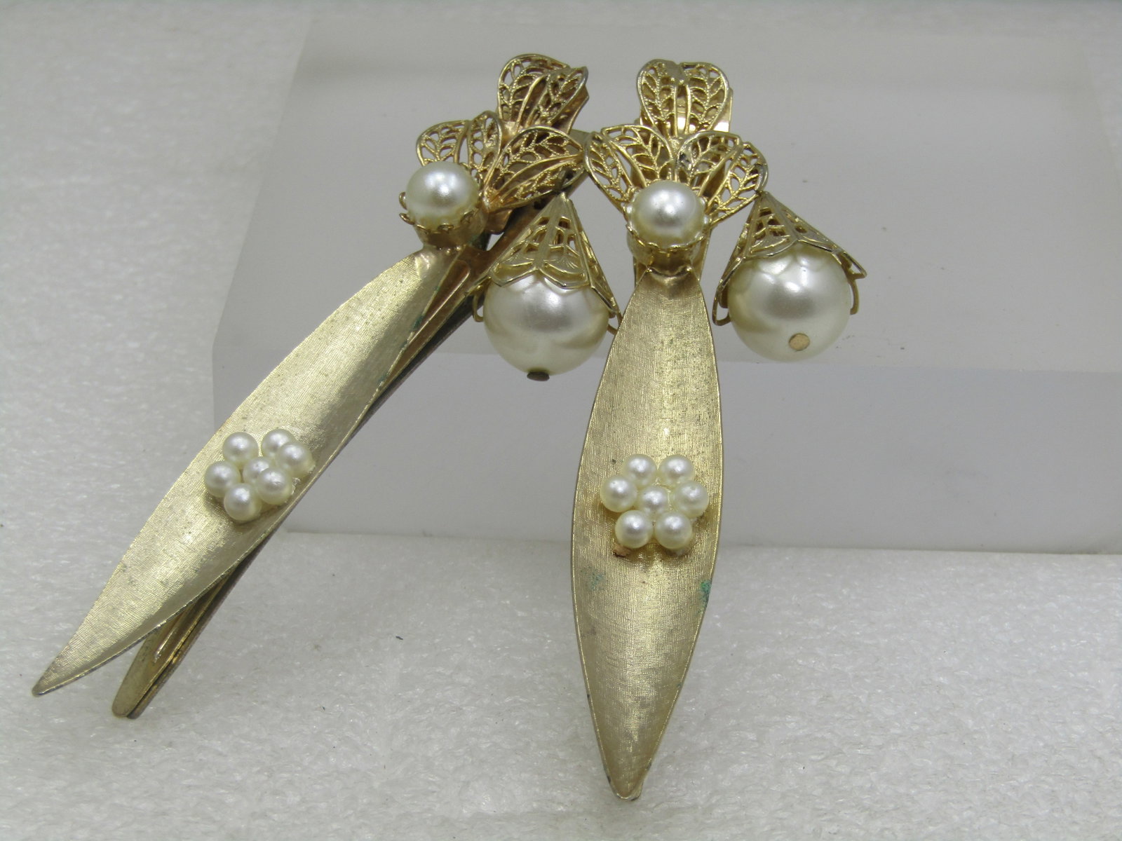 Vintage Pair Long Faux Pearl Barrettes, Filigree Drops - 2