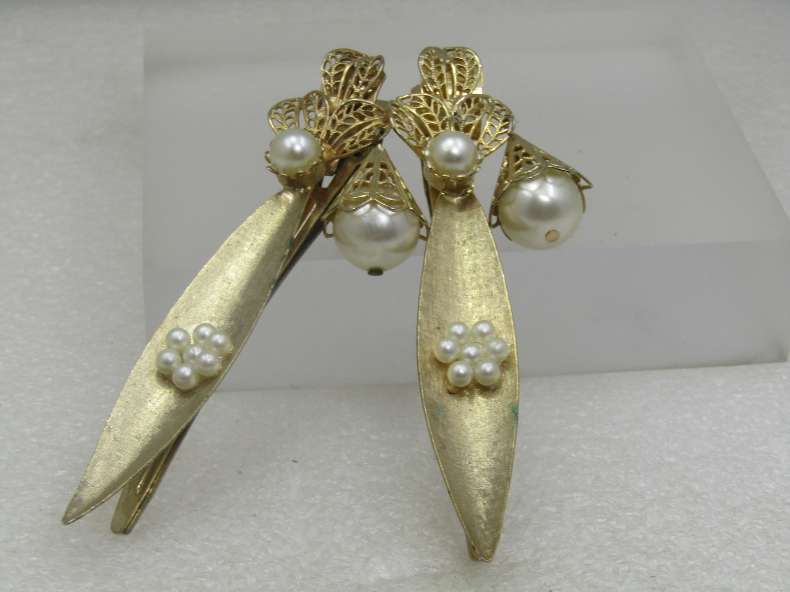 Vintage Pair Long Faux Pearl Barrettes, Filigree Drops - 3